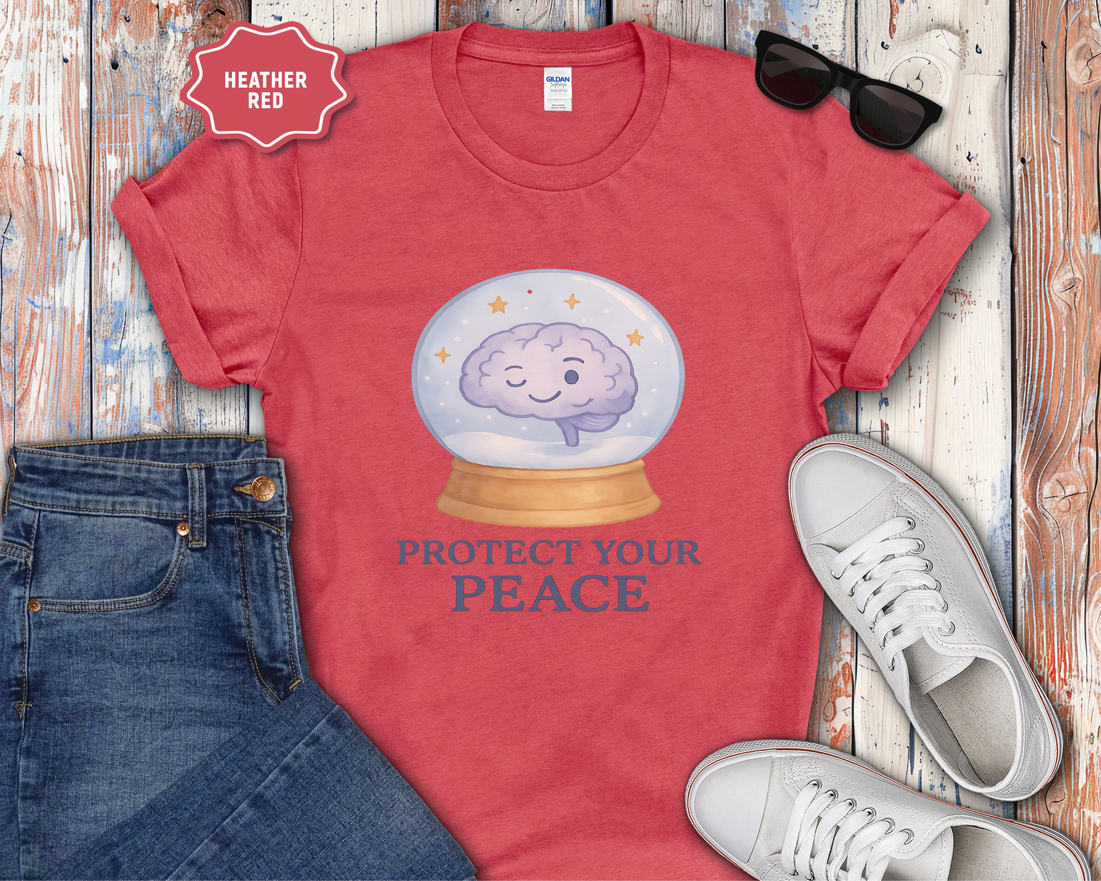 Protect Your Peace brain in snow globe T-Shirt | mental health, calming design
