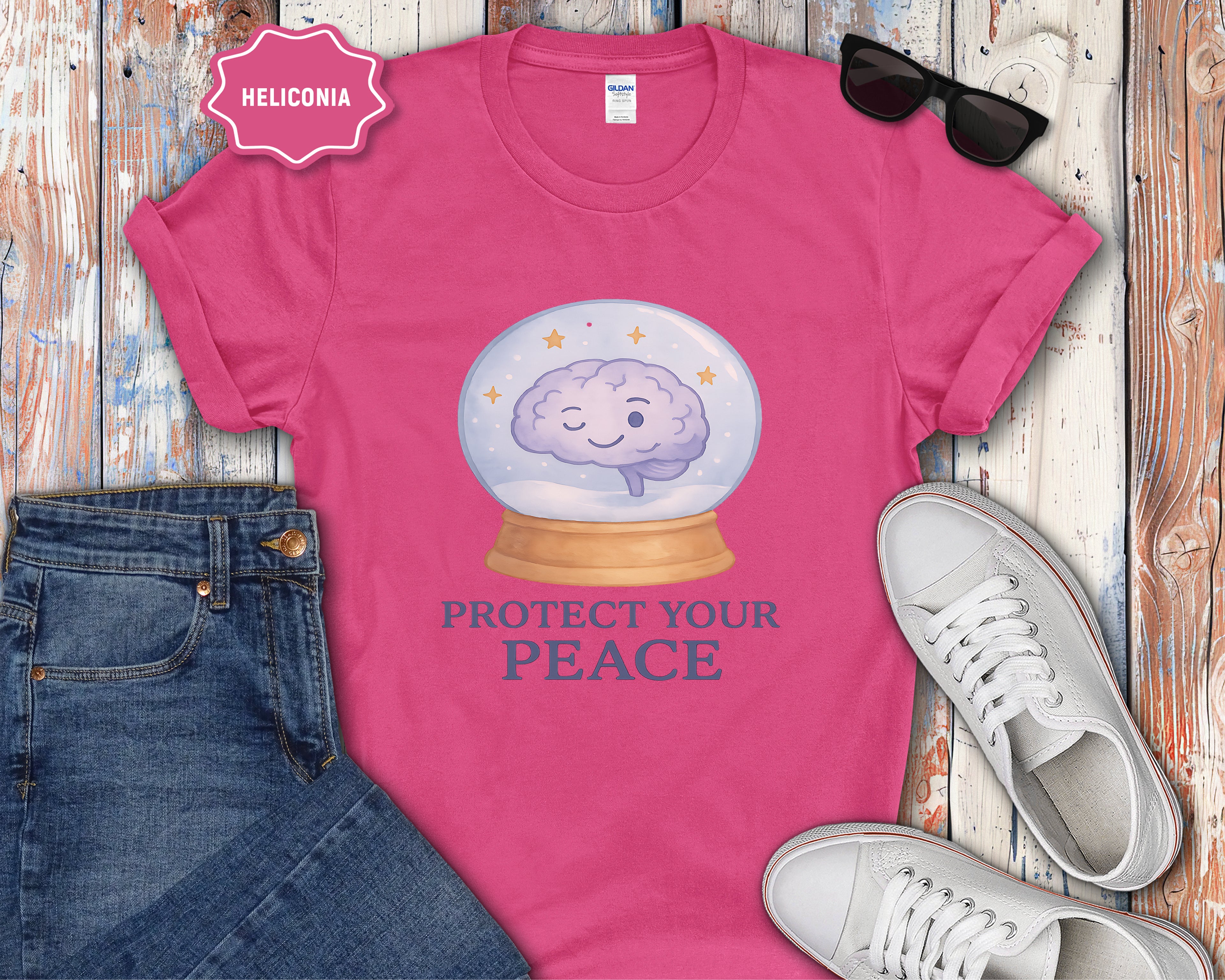 Protect Your Peace brain in snow globe T-Shirt | mental health, calming design