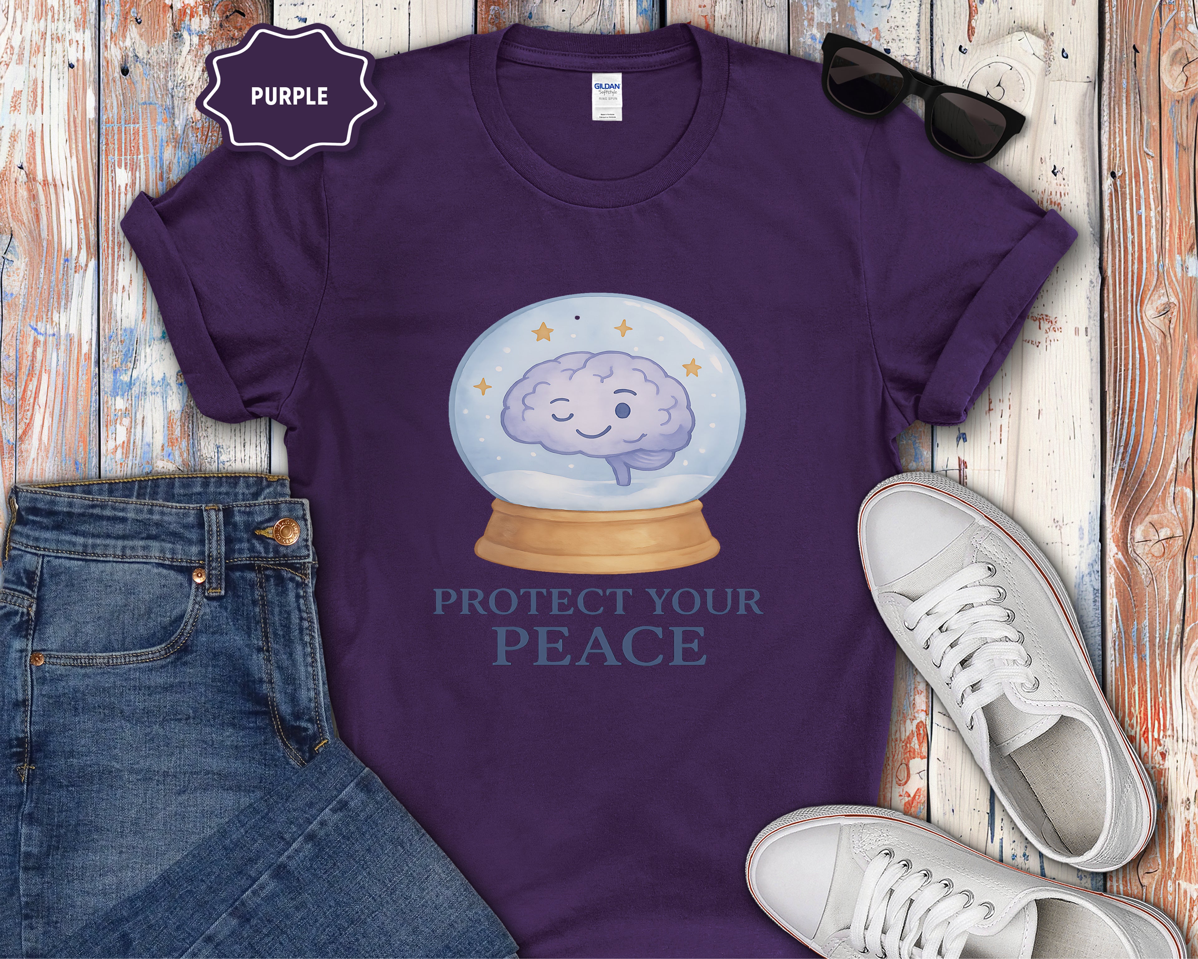 Protect Your Peace brain in snow globe T-Shirt | mental health, calming design