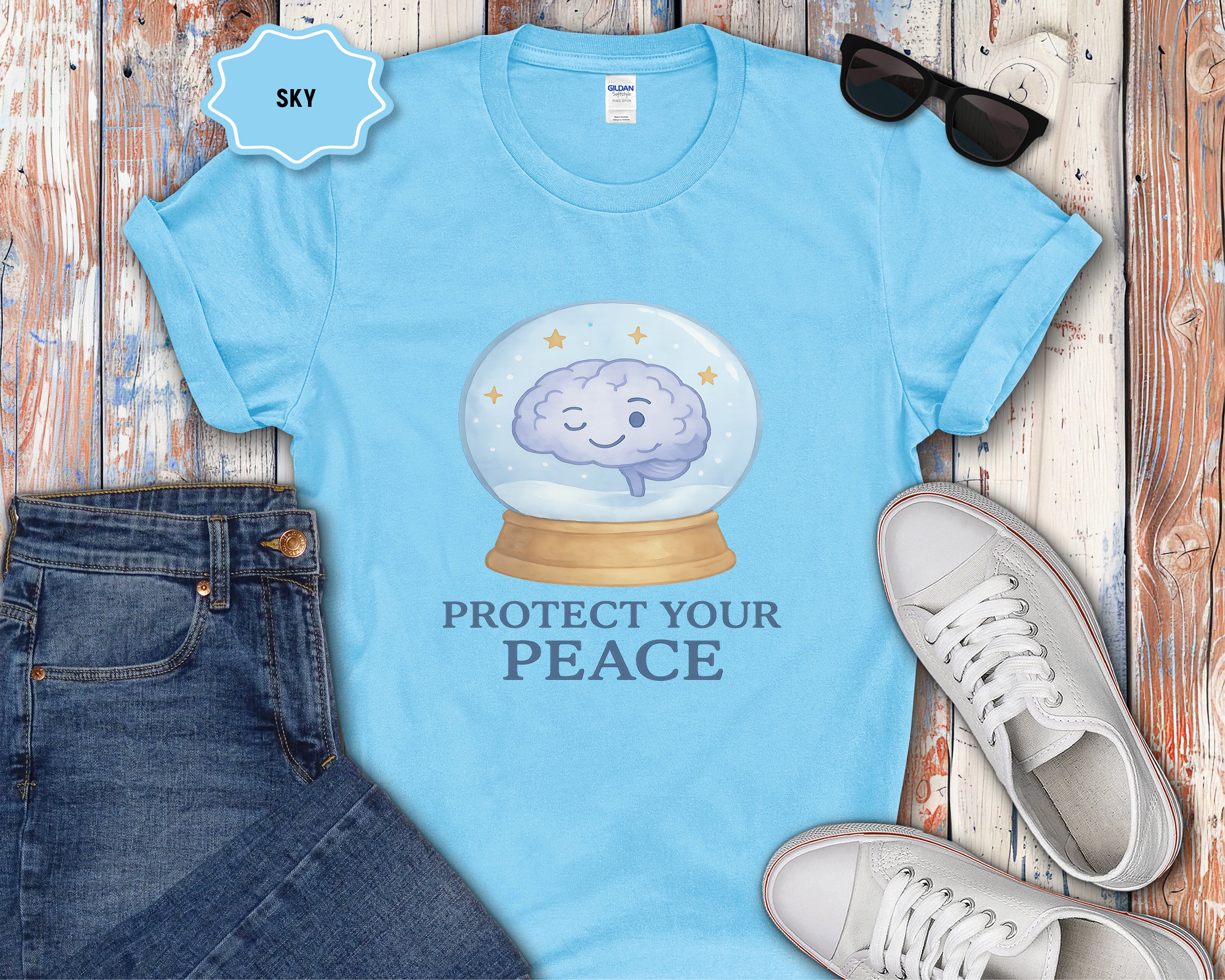 Protect Your Peace brain in snow globe T-Shirt | mental health, calming design