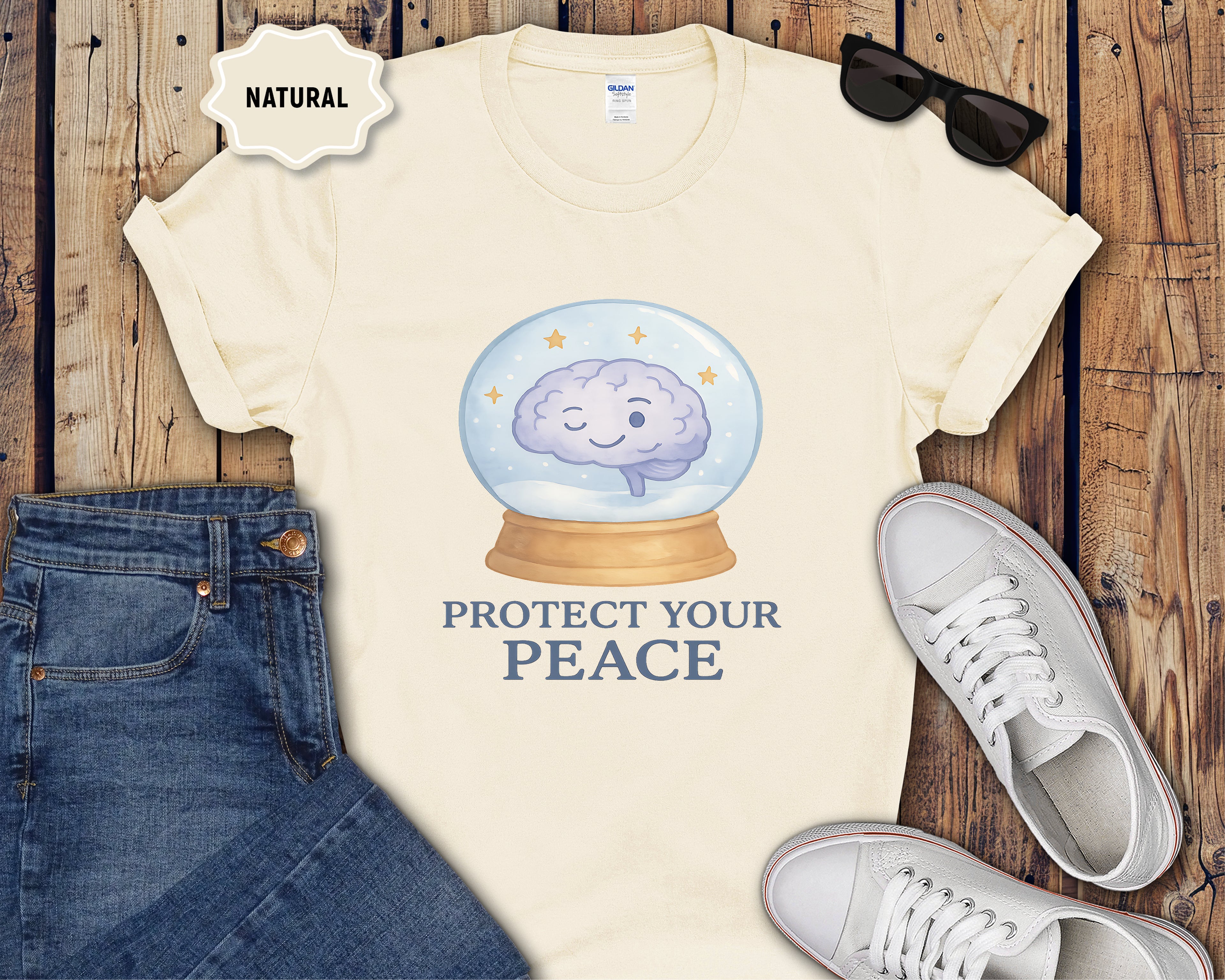 Protect Your Peace brain in snow globe T-Shirt | mental health, calming design