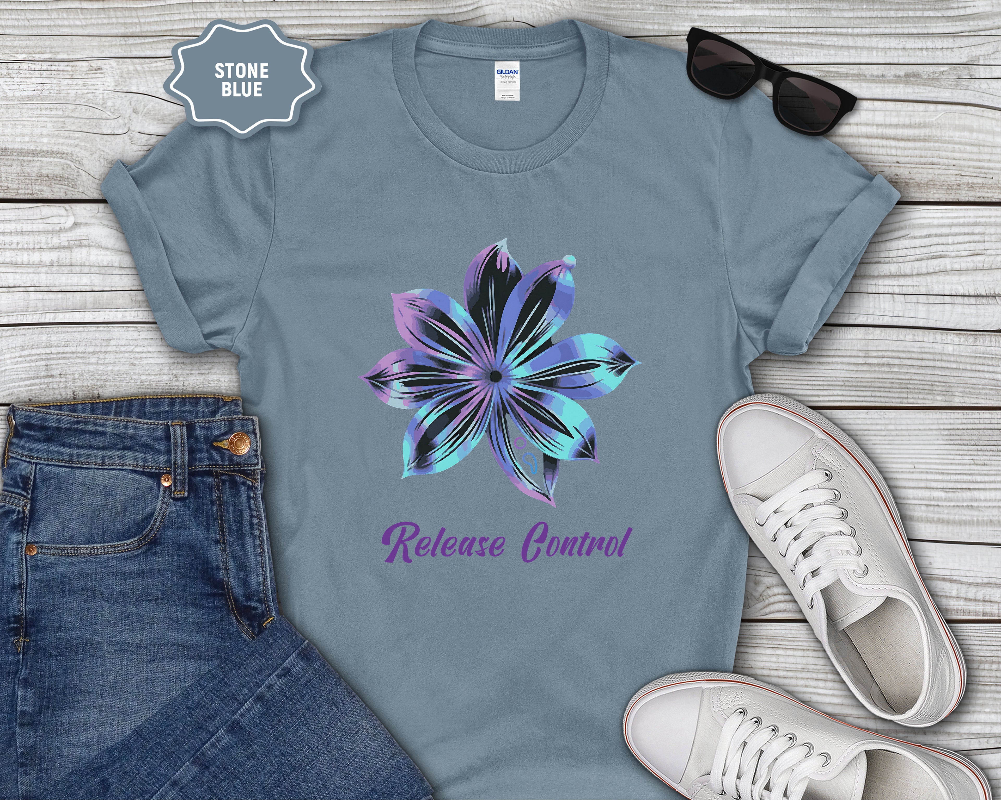 Blue Iridescent Flower Release Control T-Shirt