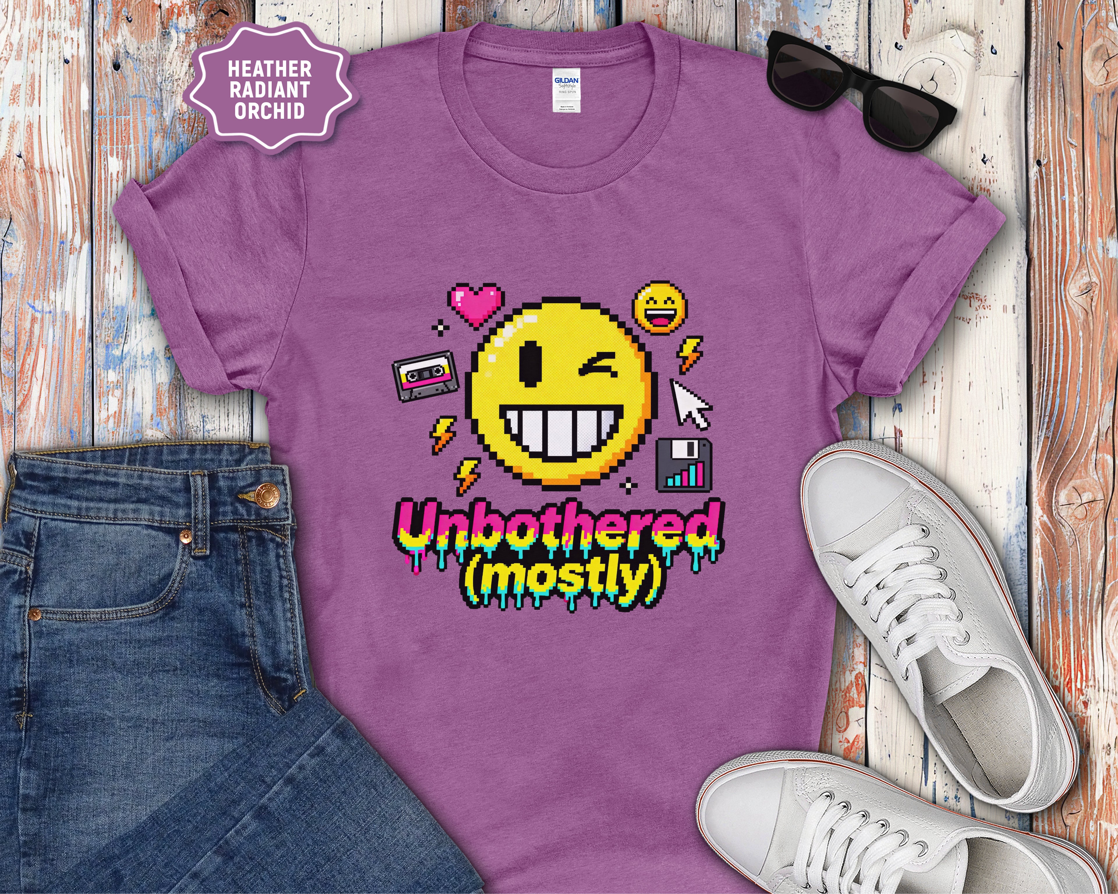 Unbothered (mostly) Smiley Pixel Art T-Shirt