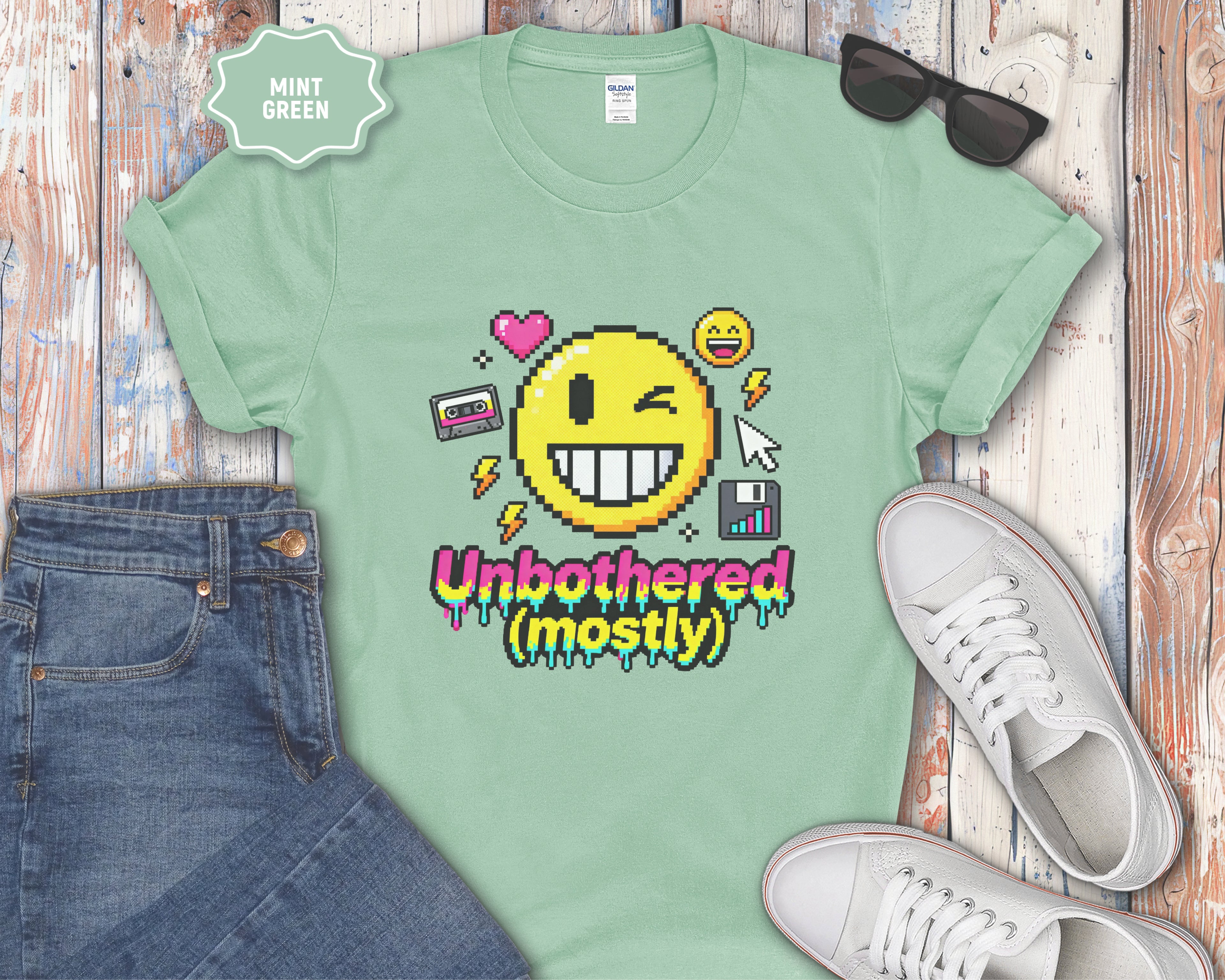 Unbothered (mostly) Smiley Pixel Art T-Shirt