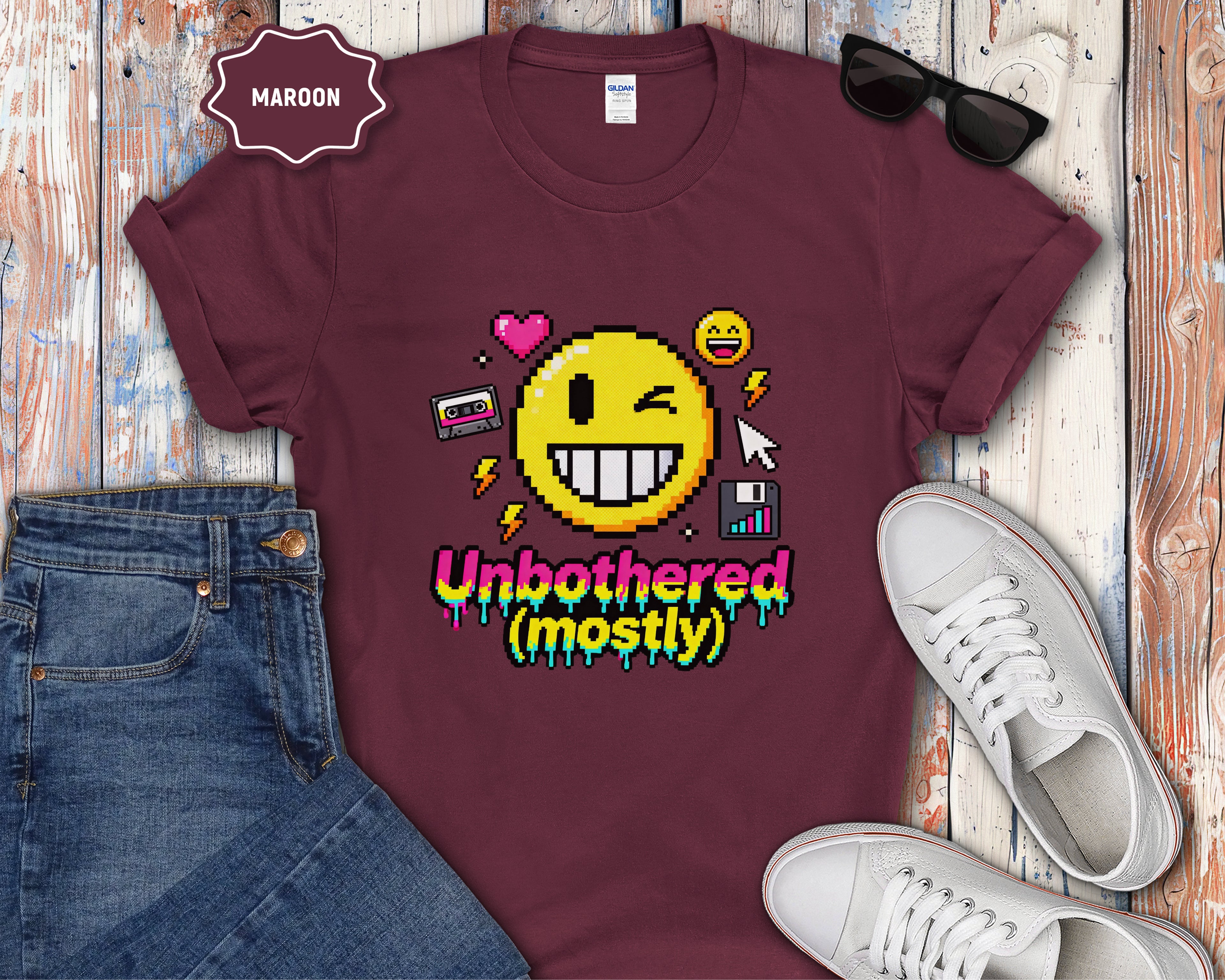Unbothered (mostly) Smiley Pixel Art T-Shirt