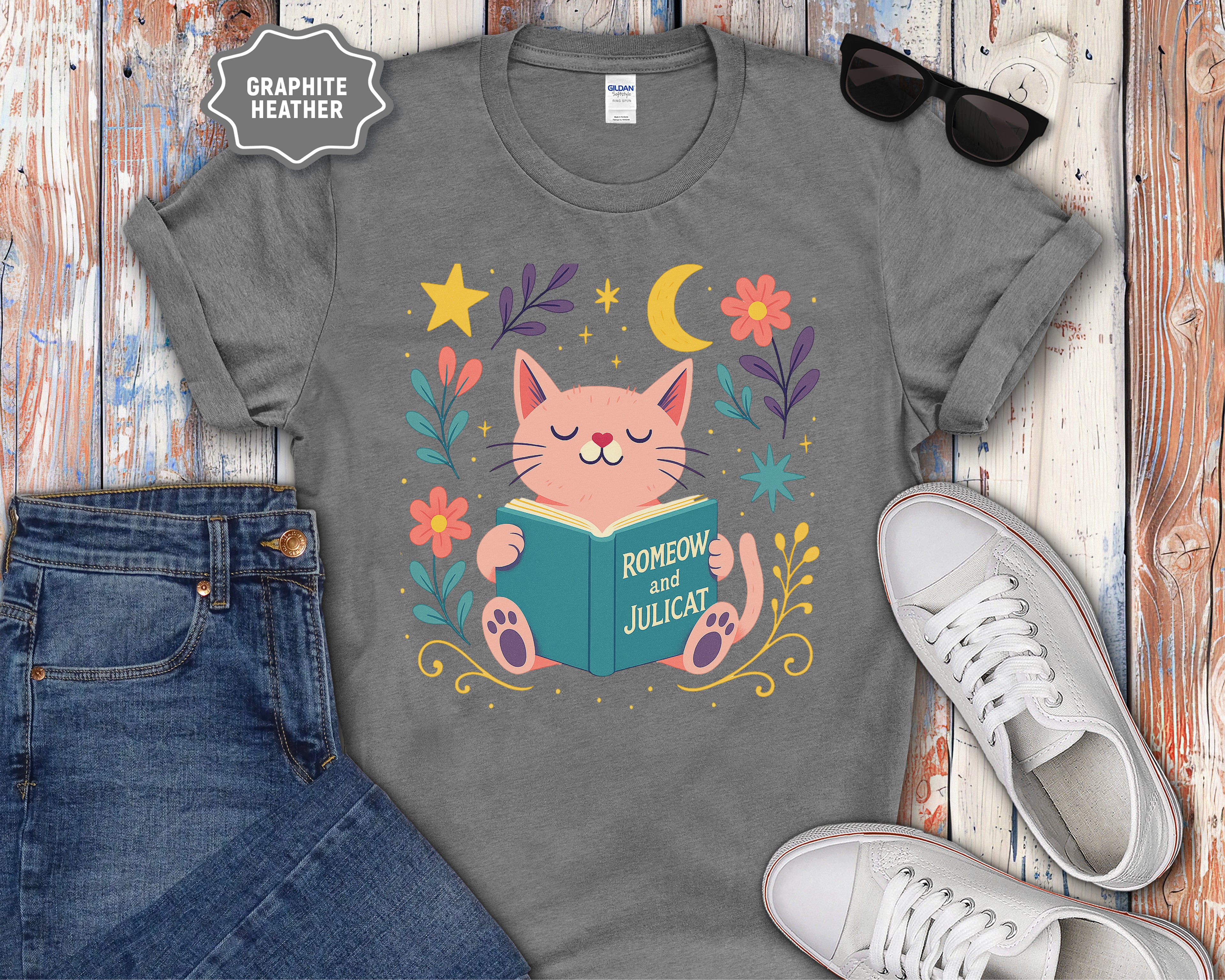 Romeow and Julicat cat reading book T-Shirt