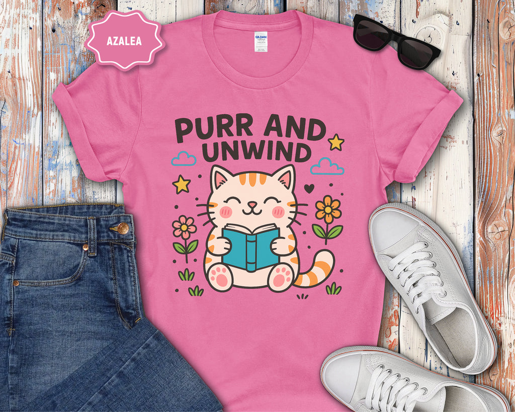 Purr and Unwind cat reading a book T-Shirt