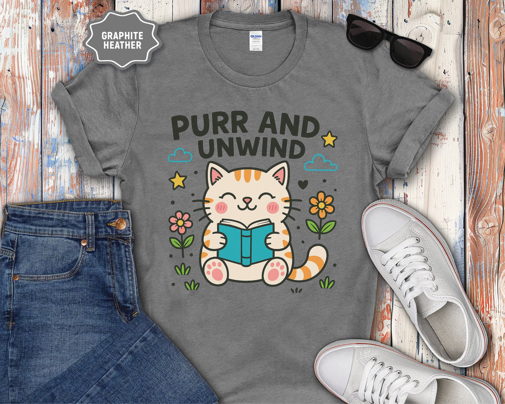 Purr and Unwind cat reading a book T-Shirt