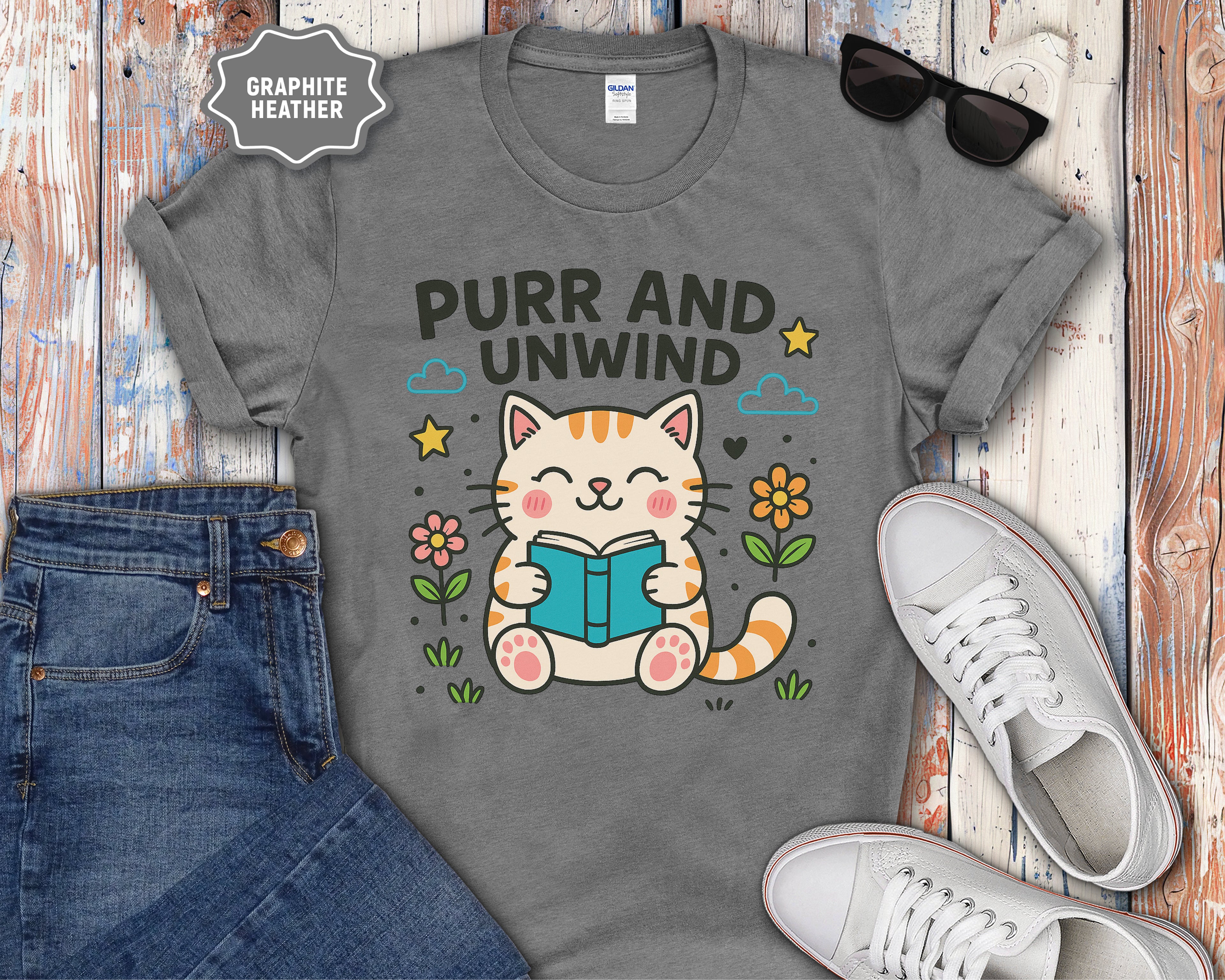 Purr and Unwind cat reading a book T-Shirt