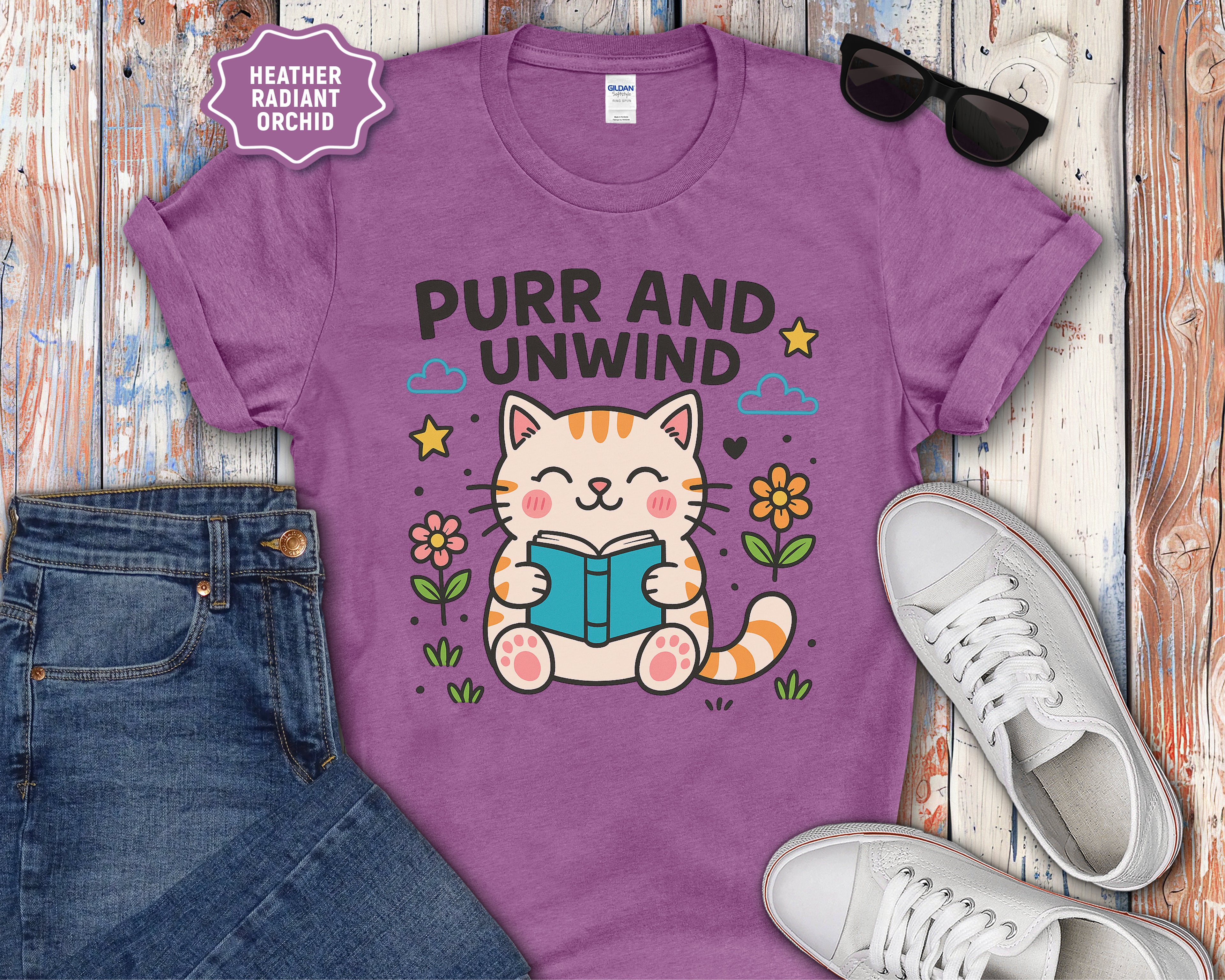 Purr and Unwind cat reading a book T-Shirt