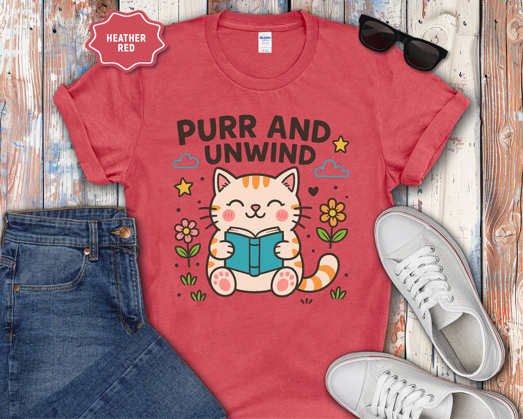 Purr and Unwind cat reading a book T-Shirt