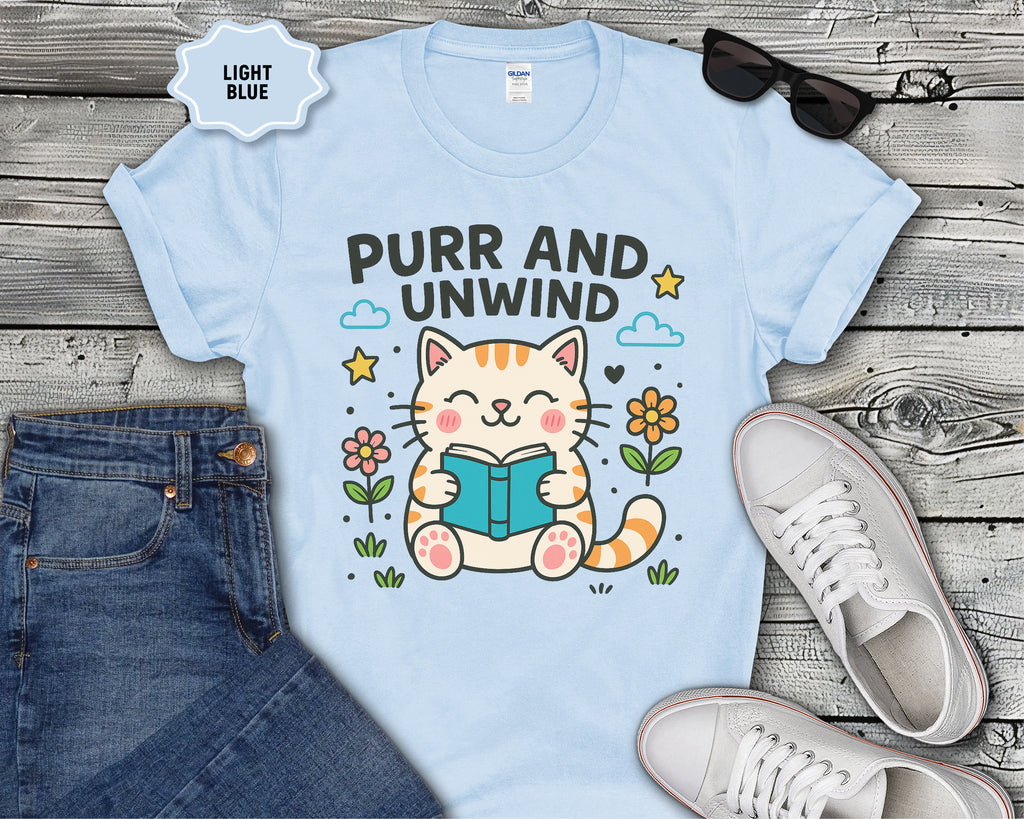 Purr and Unwind cat reading a book T-Shirt