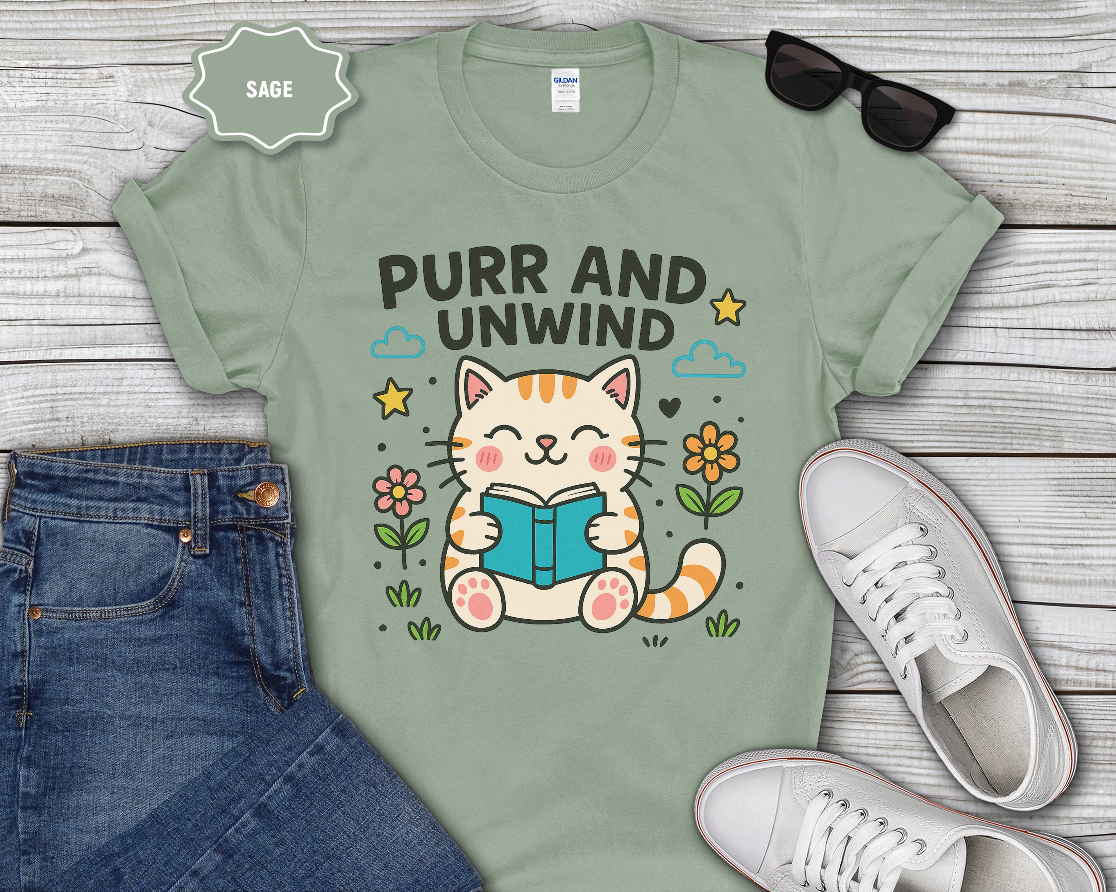 Purr and Unwind cat reading a book T-Shirt