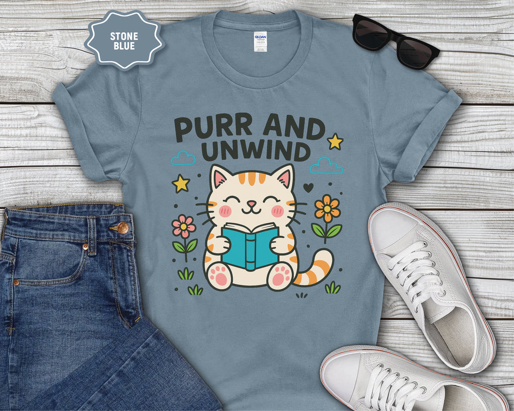 Purr and Unwind cat reading a book T-Shirt