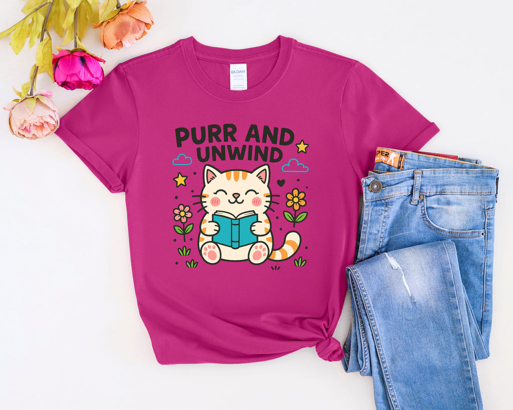 Purr and Unwind cat reading a book T-Shirt