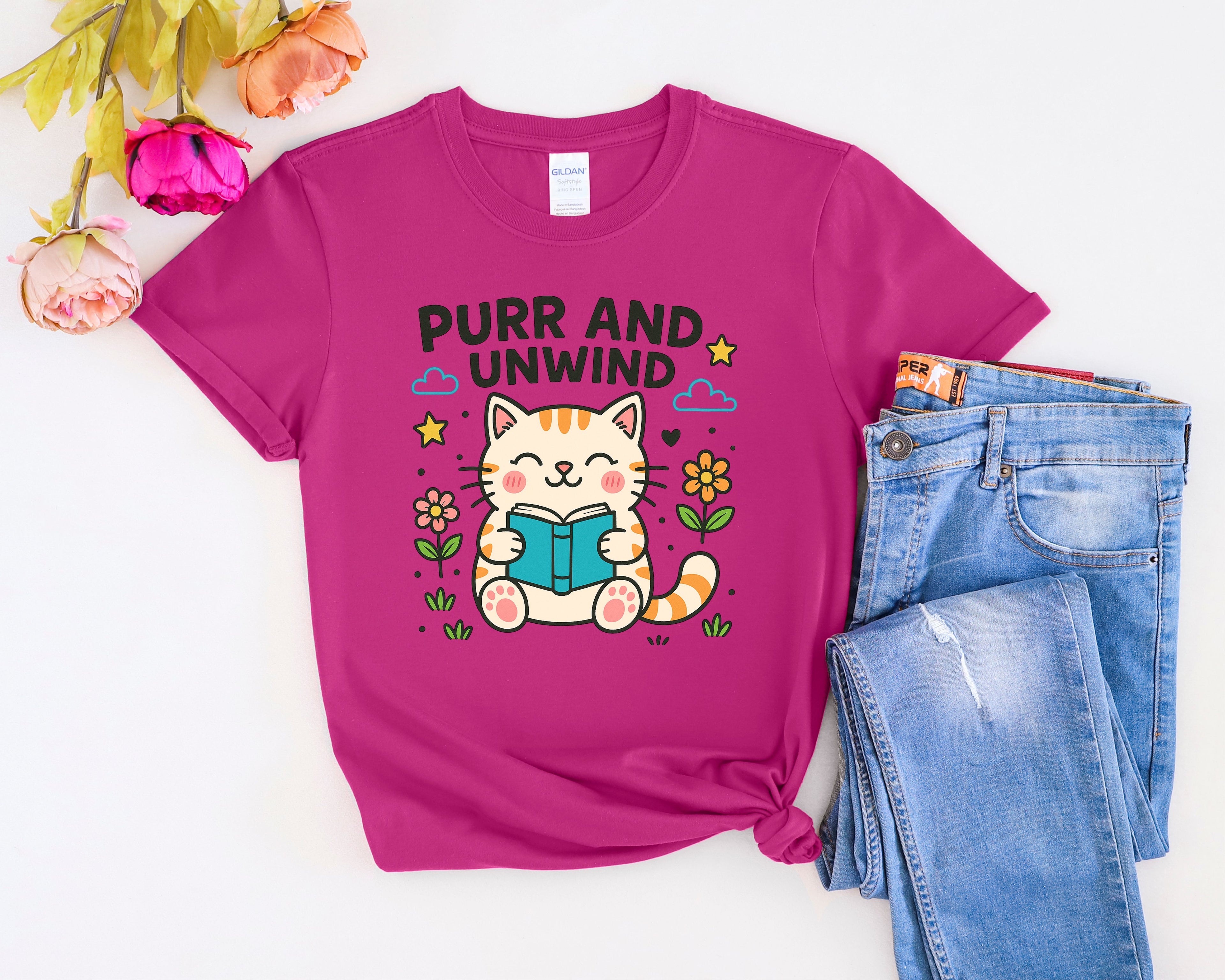Purr and Unwind cat reading a book T-Shirt