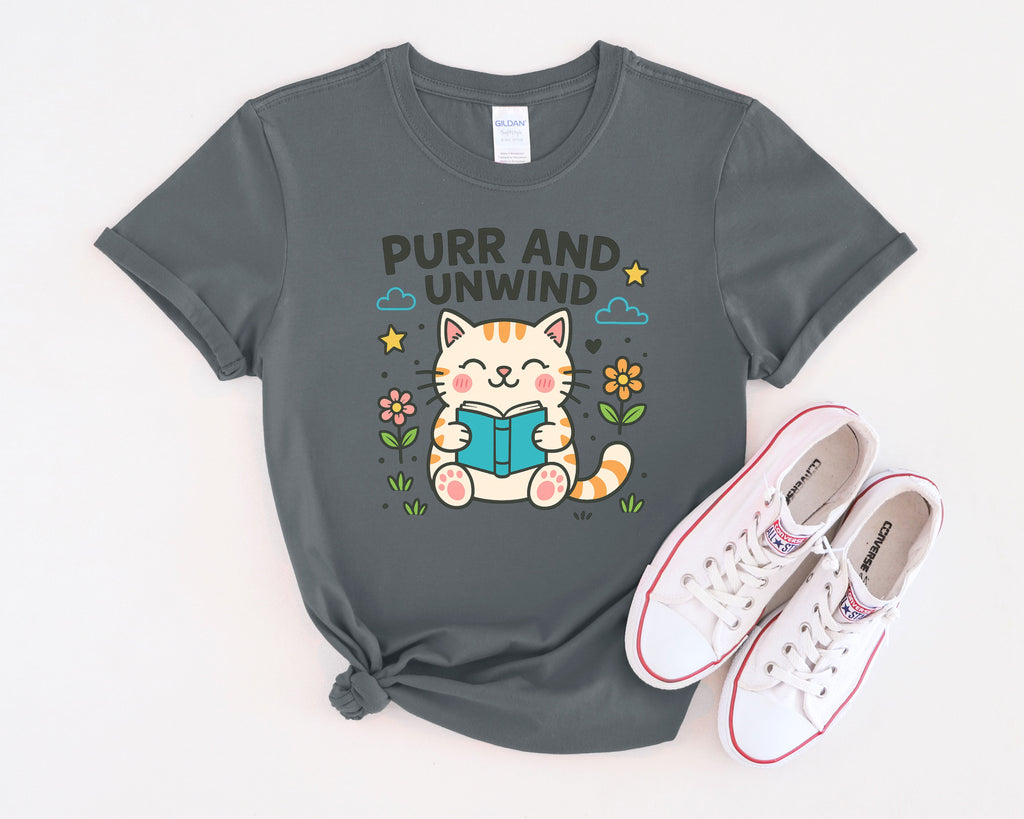 Purr and Unwind cat reading a book T-Shirt