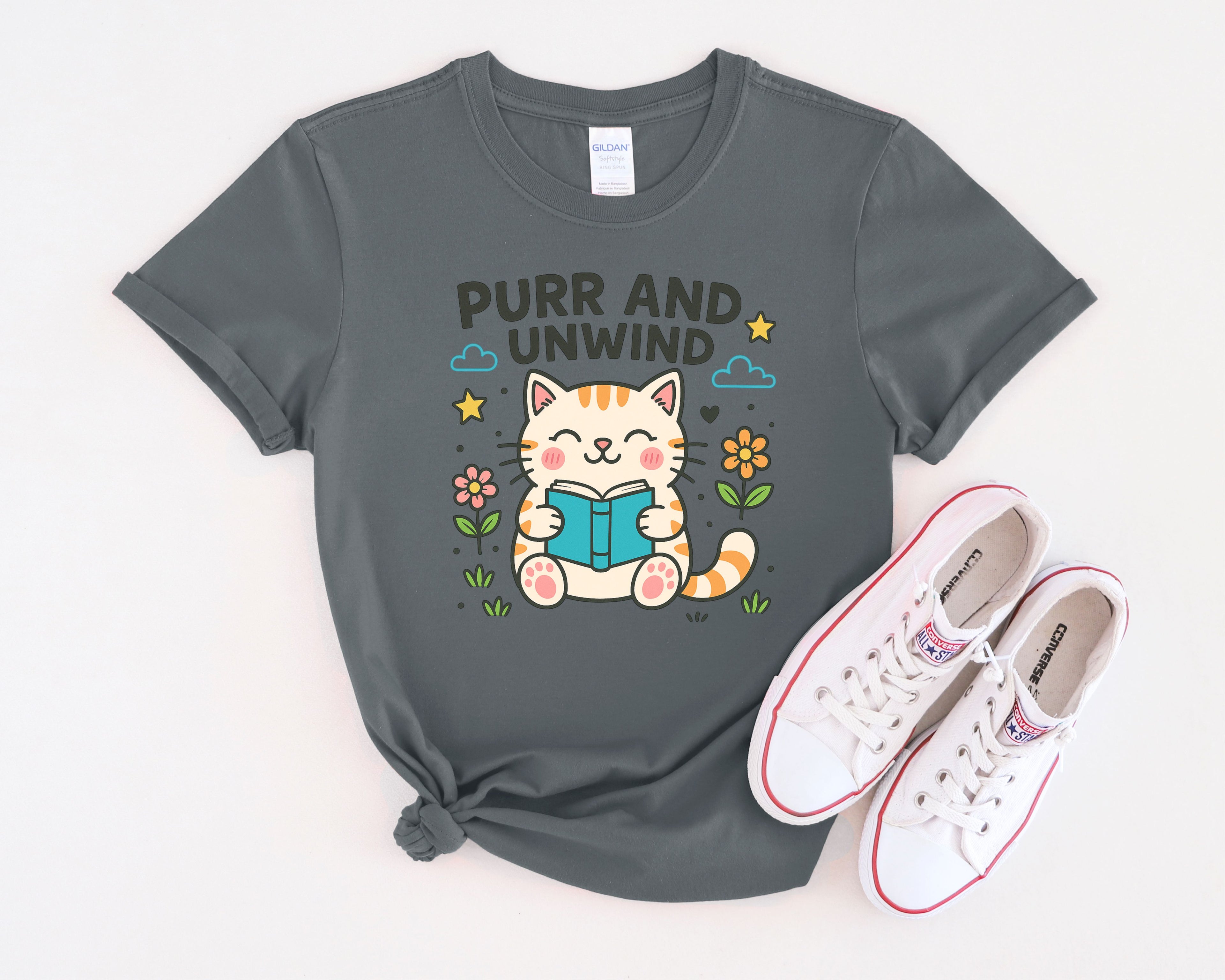 Purr and Unwind cat reading a book T-Shirt