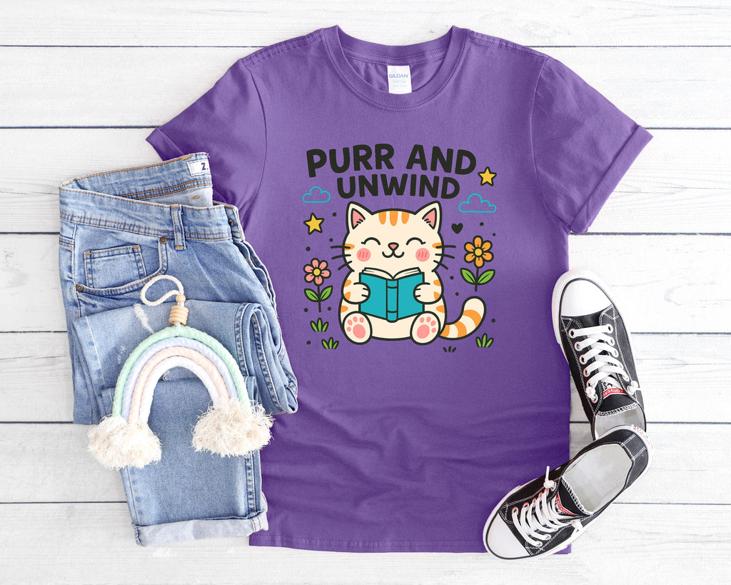 Purr and Unwind cat reading a book T-Shirt