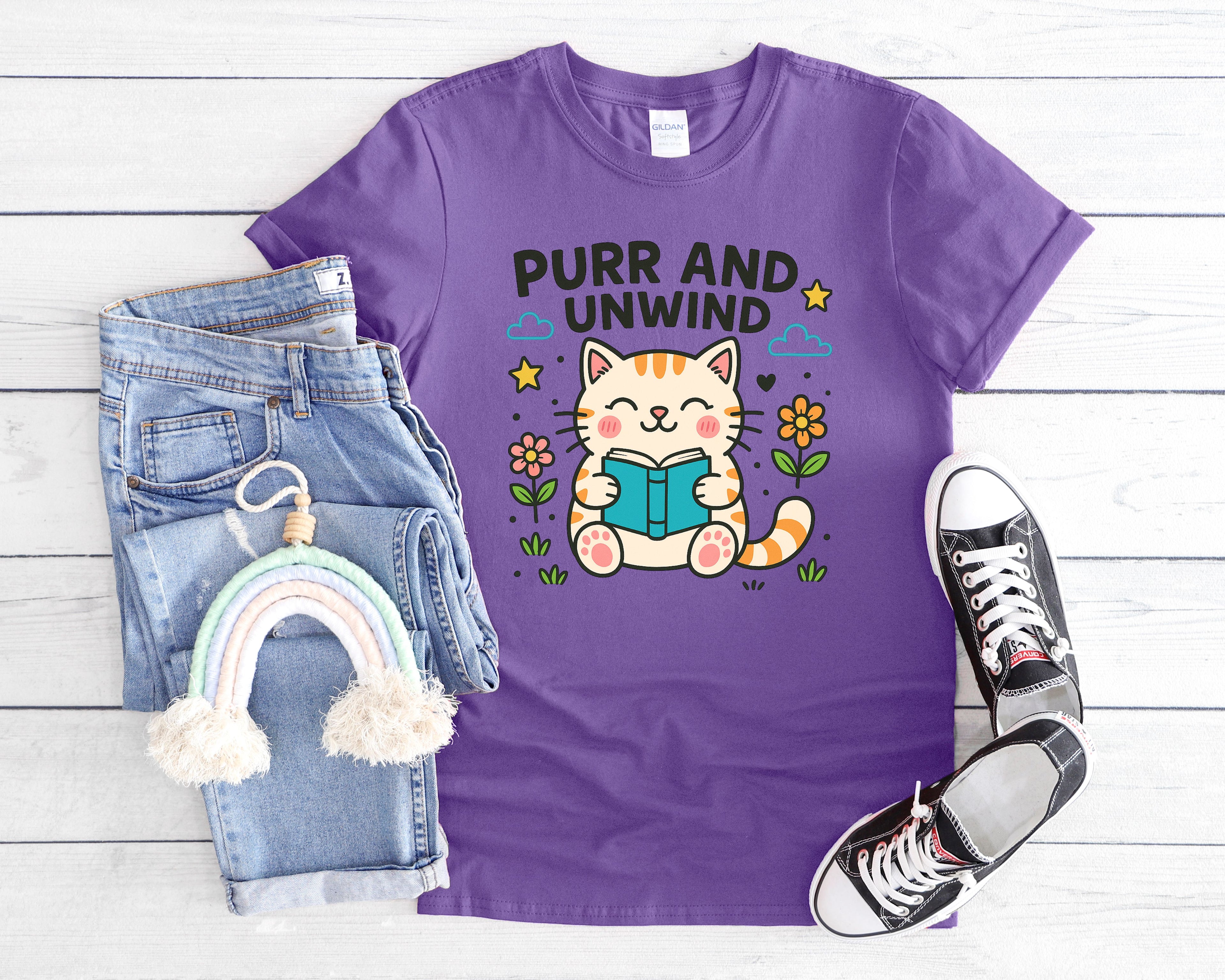 Purr and Unwind cat reading a book T-Shirt