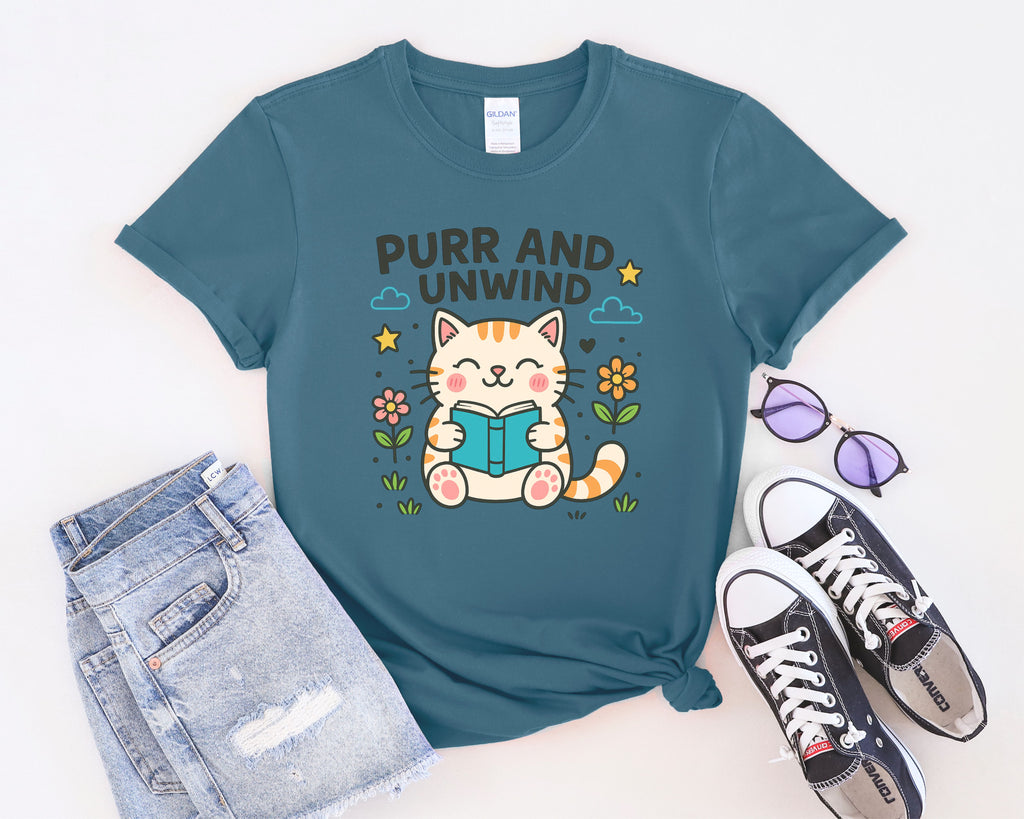 Purr and Unwind cat reading a book T-Shirt