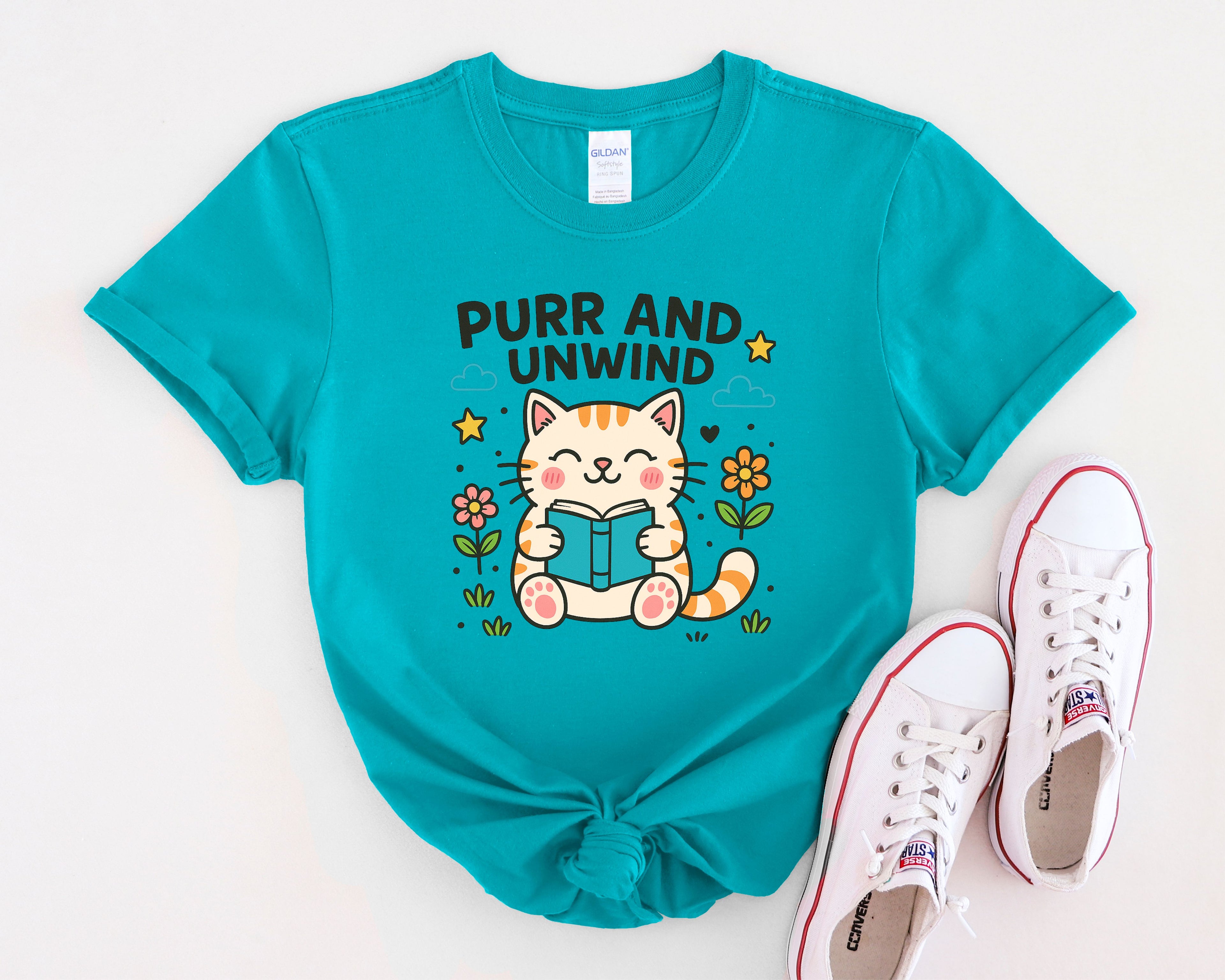 Purr and Unwind cat reading a book T-Shirt