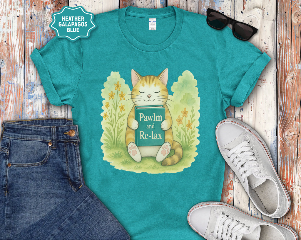 Cat Reading "Pawlm and Relax" T-Shirt