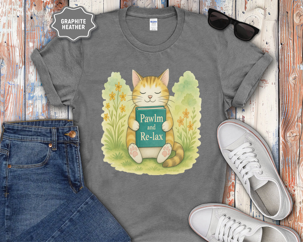 Cat Reading "Pawlm and Relax" T-Shirt