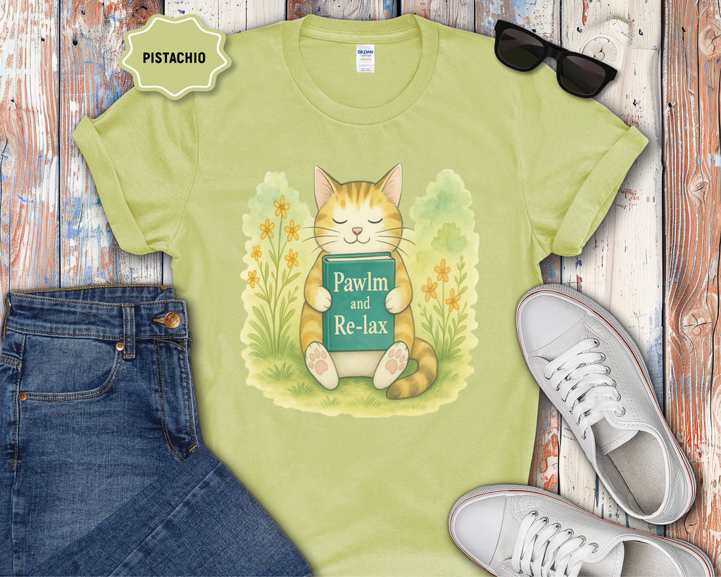 Cat Reading "Pawlm and Relax" T-Shirt