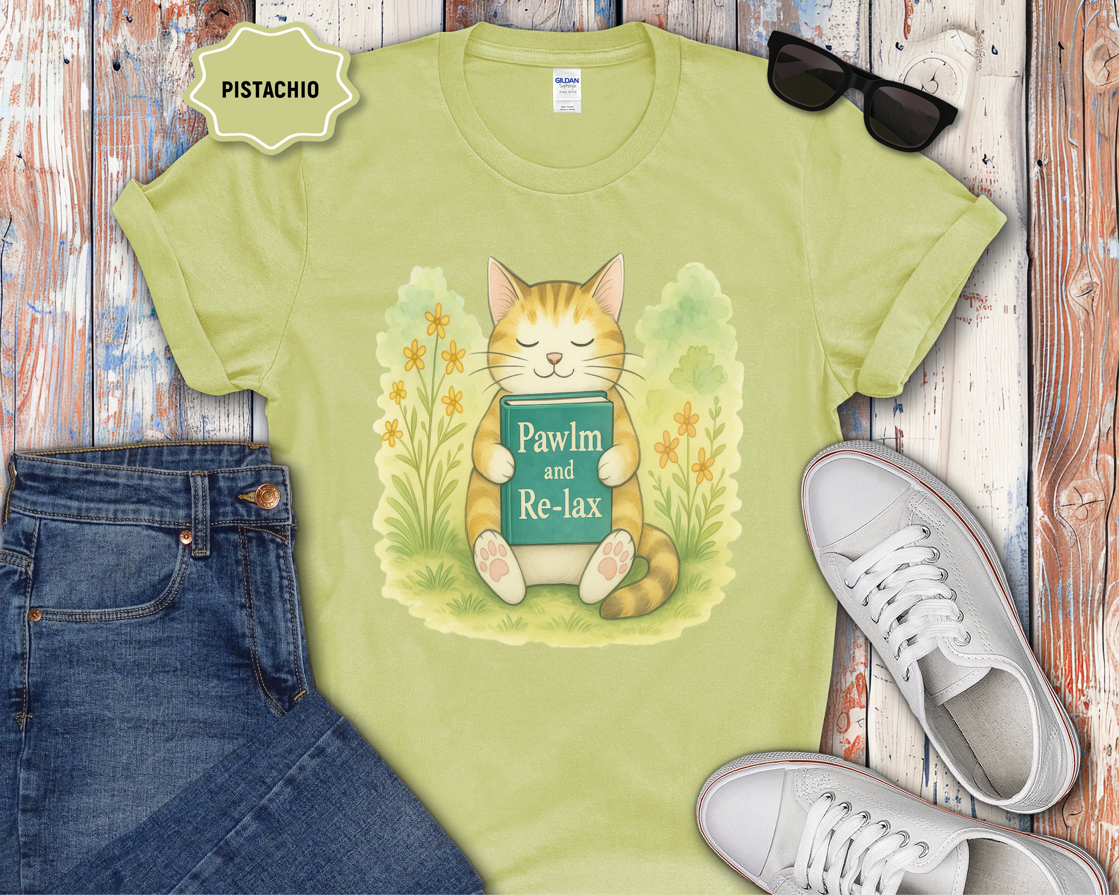 Cat Reading "Pawlm and Relax" T-Shirt