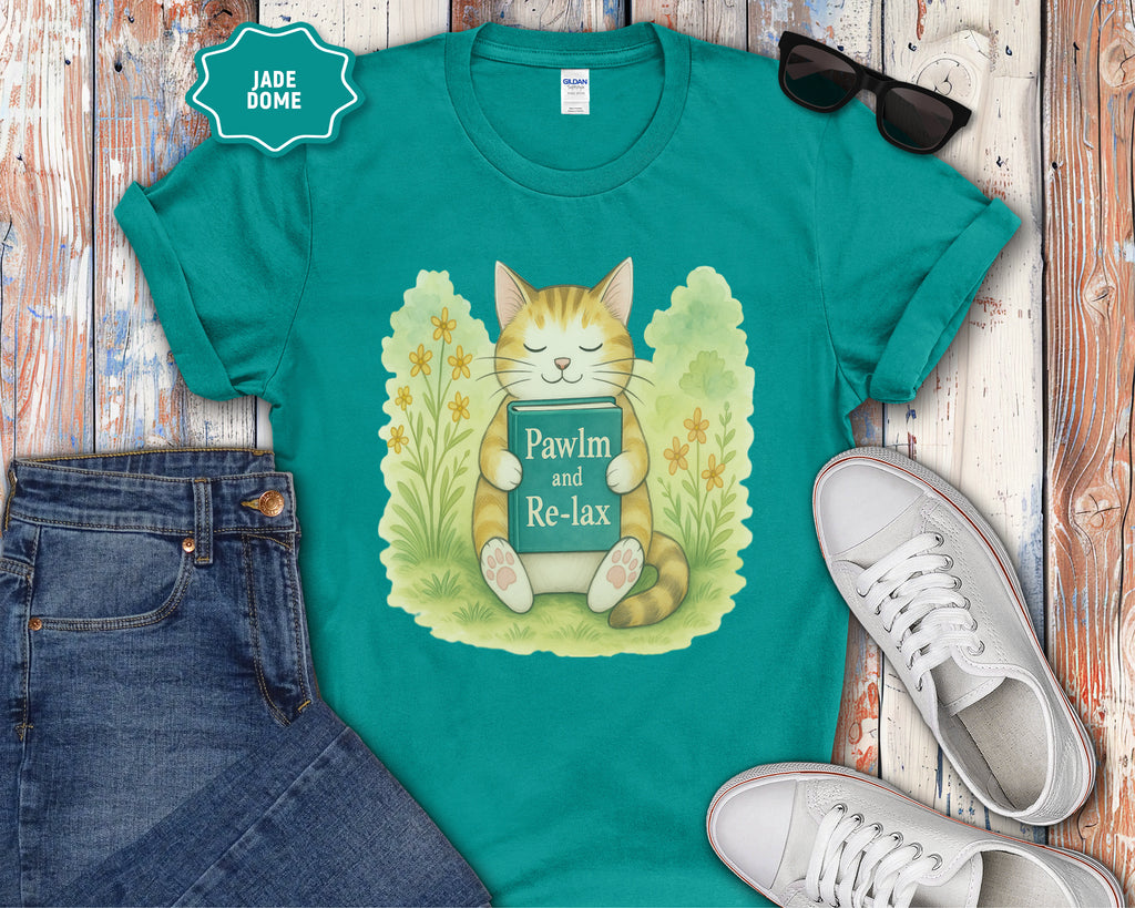 Cat Reading "Pawlm and Relax" T-Shirt