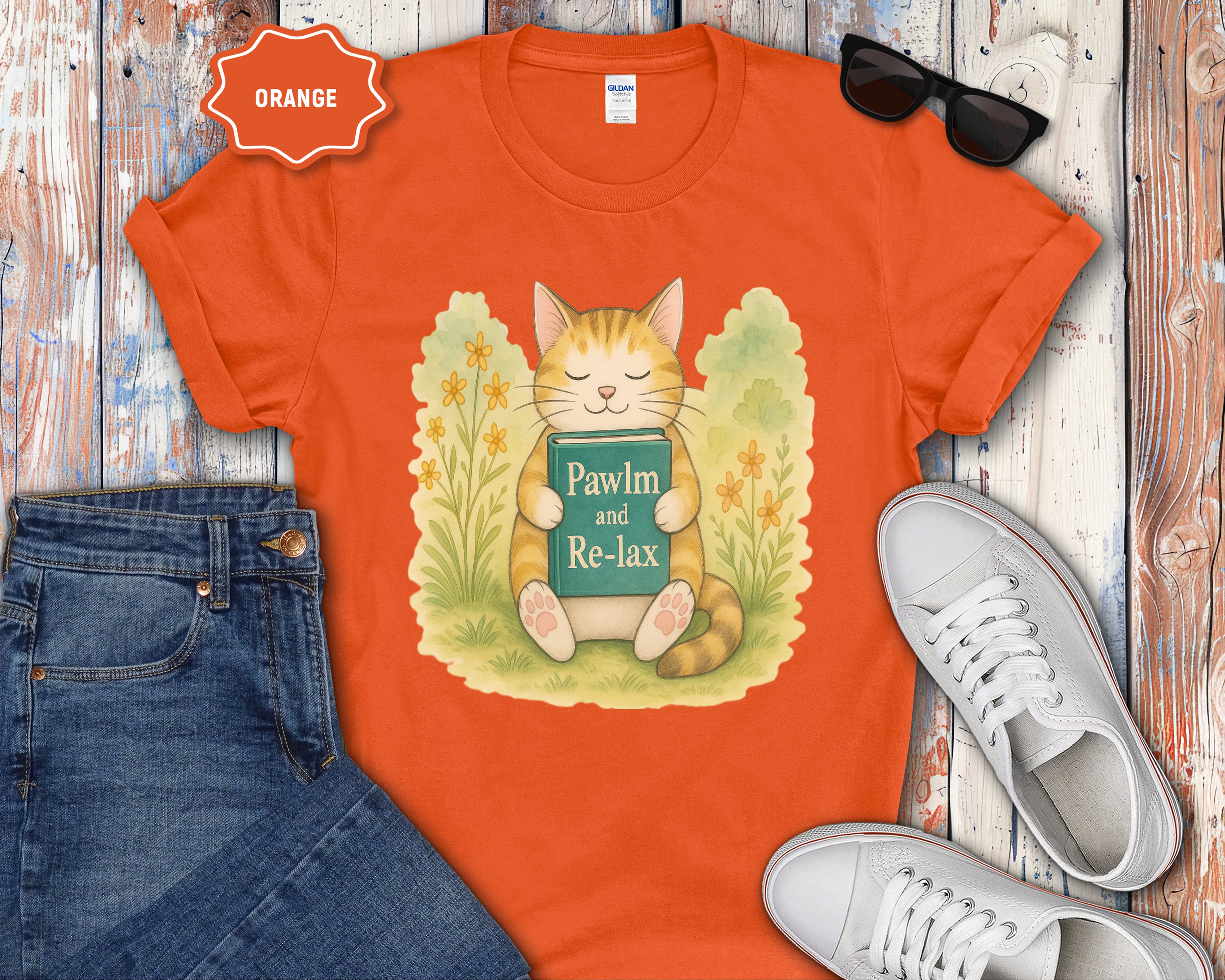 Cat Reading "Pawlm and Relax" T-Shirt
