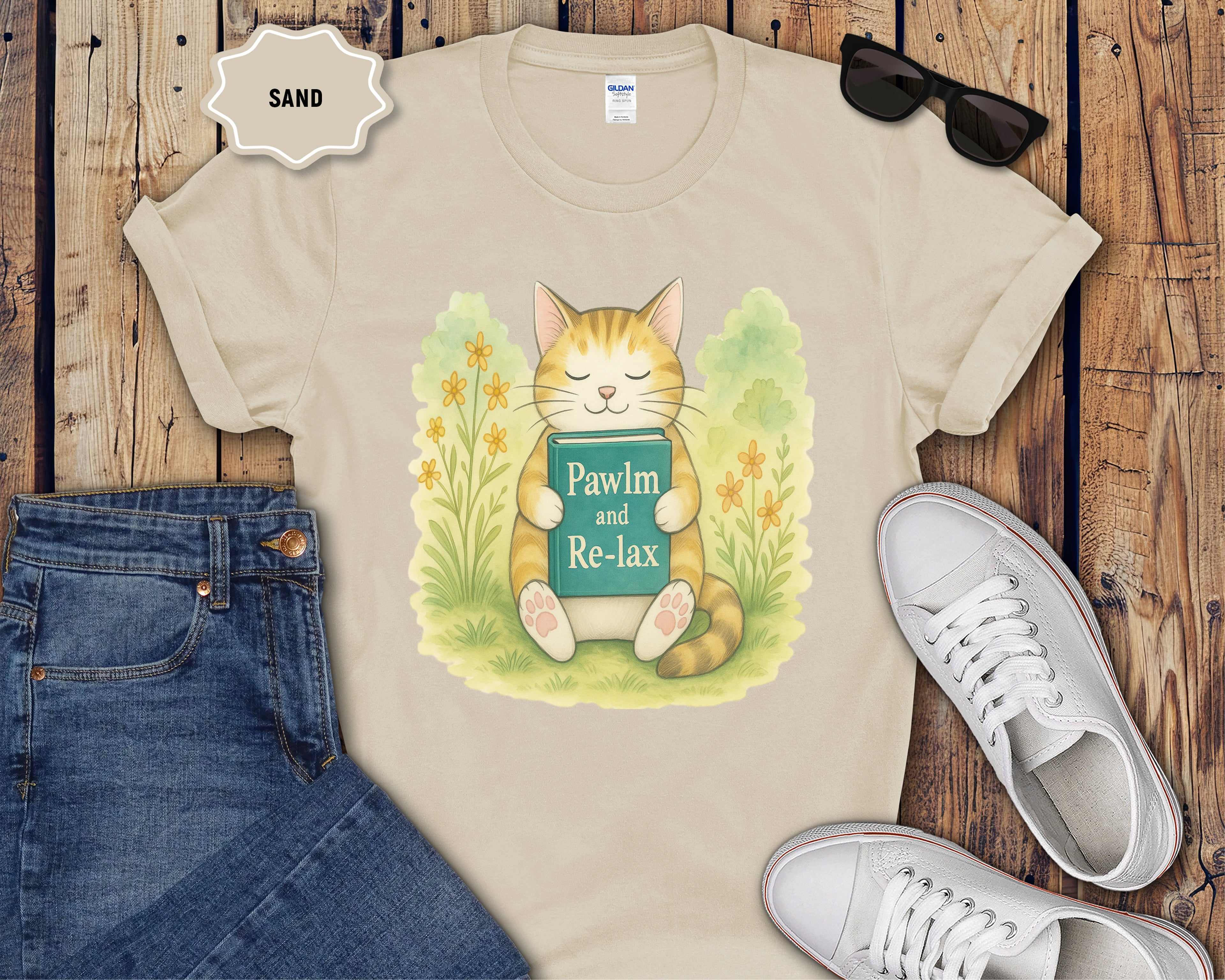 Cat Reading "Pawlm and Relax" T-Shirt