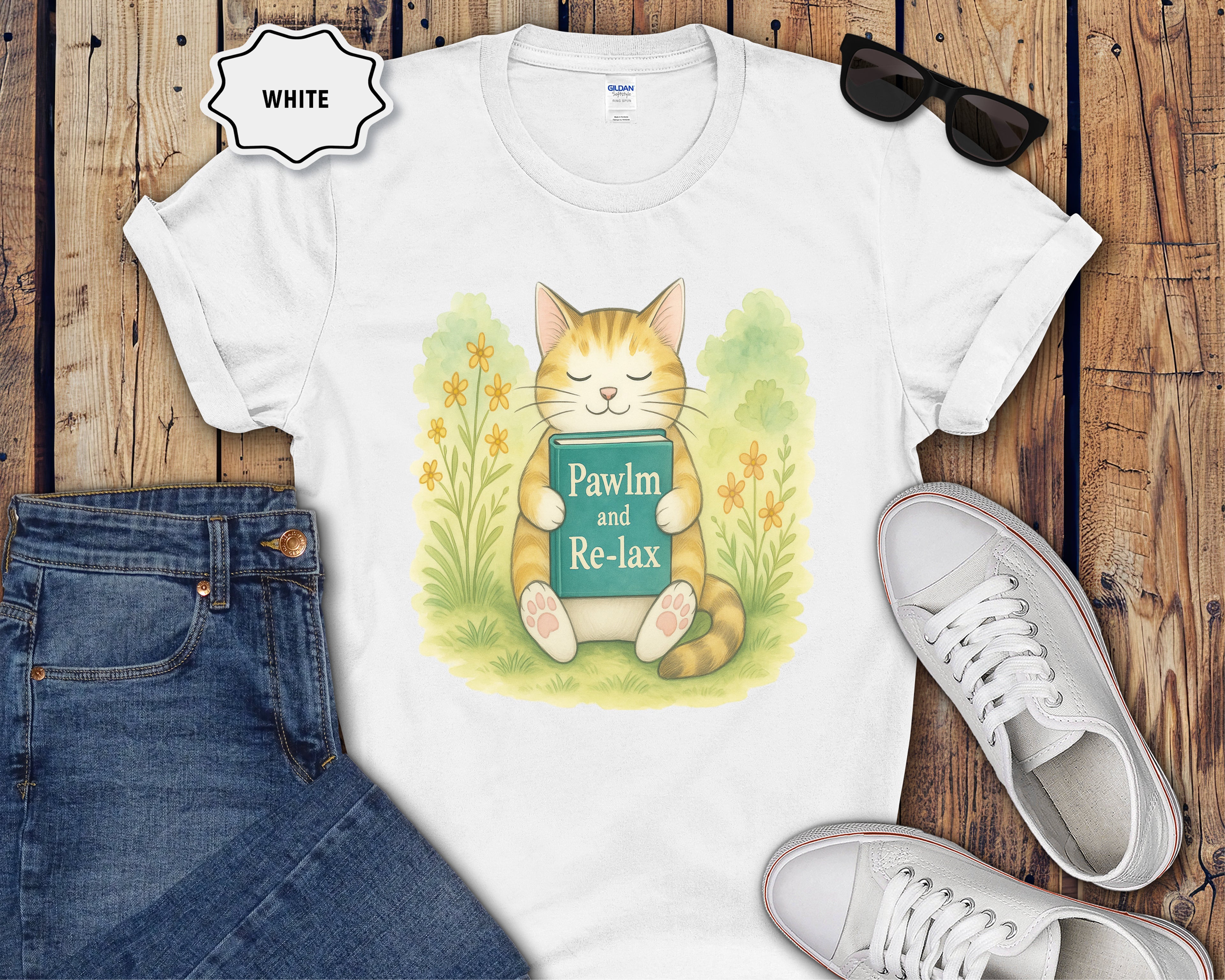 Cat Reading "Pawlm and Relax" T-Shirt