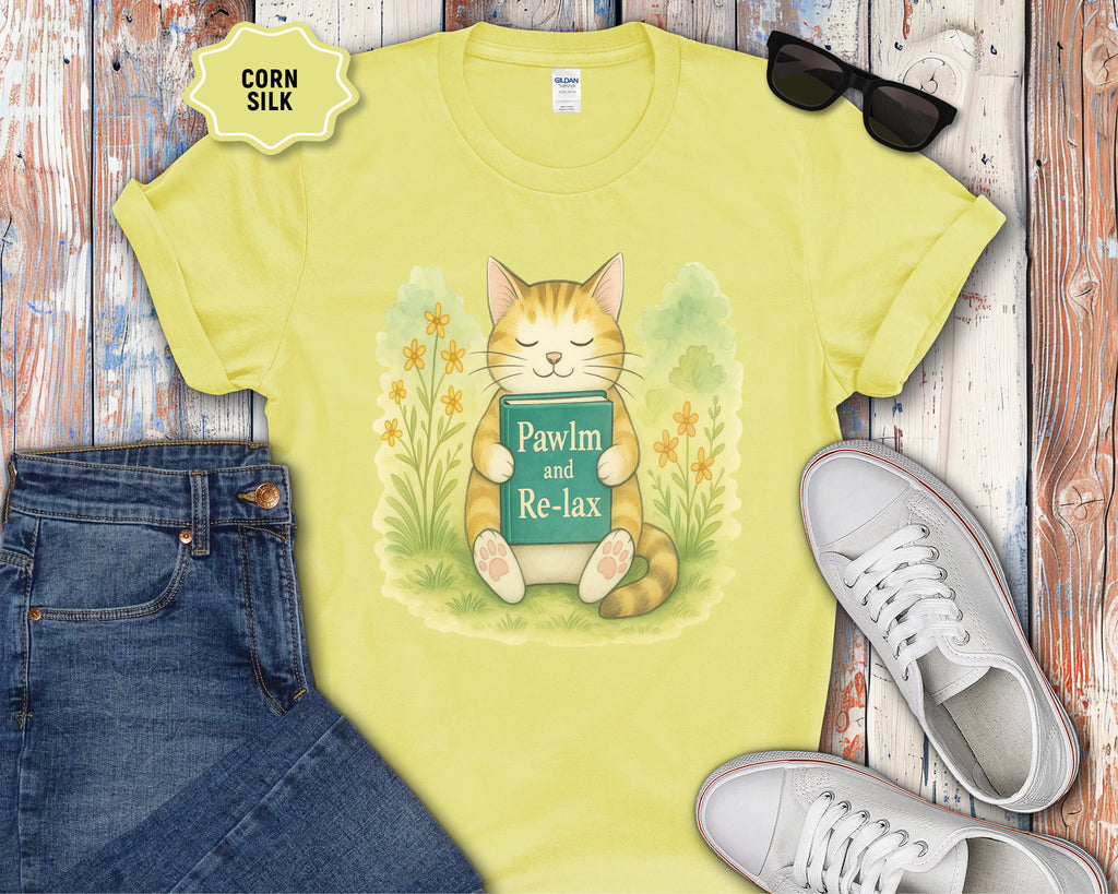 Cat Reading "Pawlm and Relax" T-Shirt
