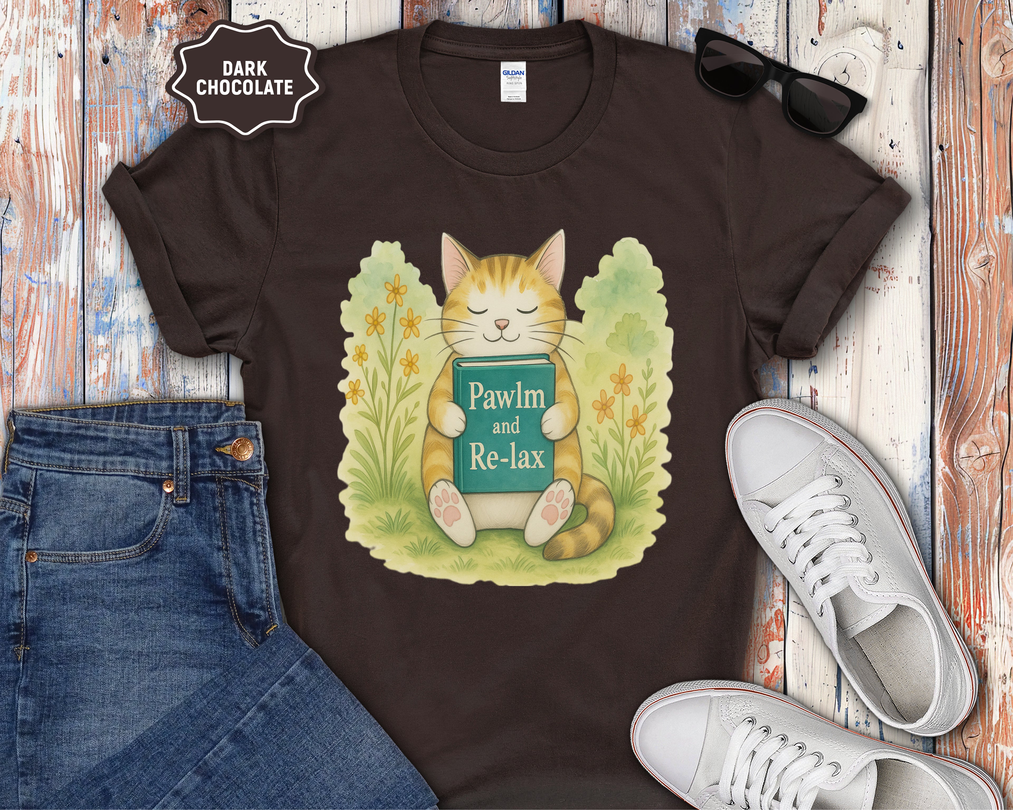 Cat Reading "Pawlm and Relax" T-Shirt