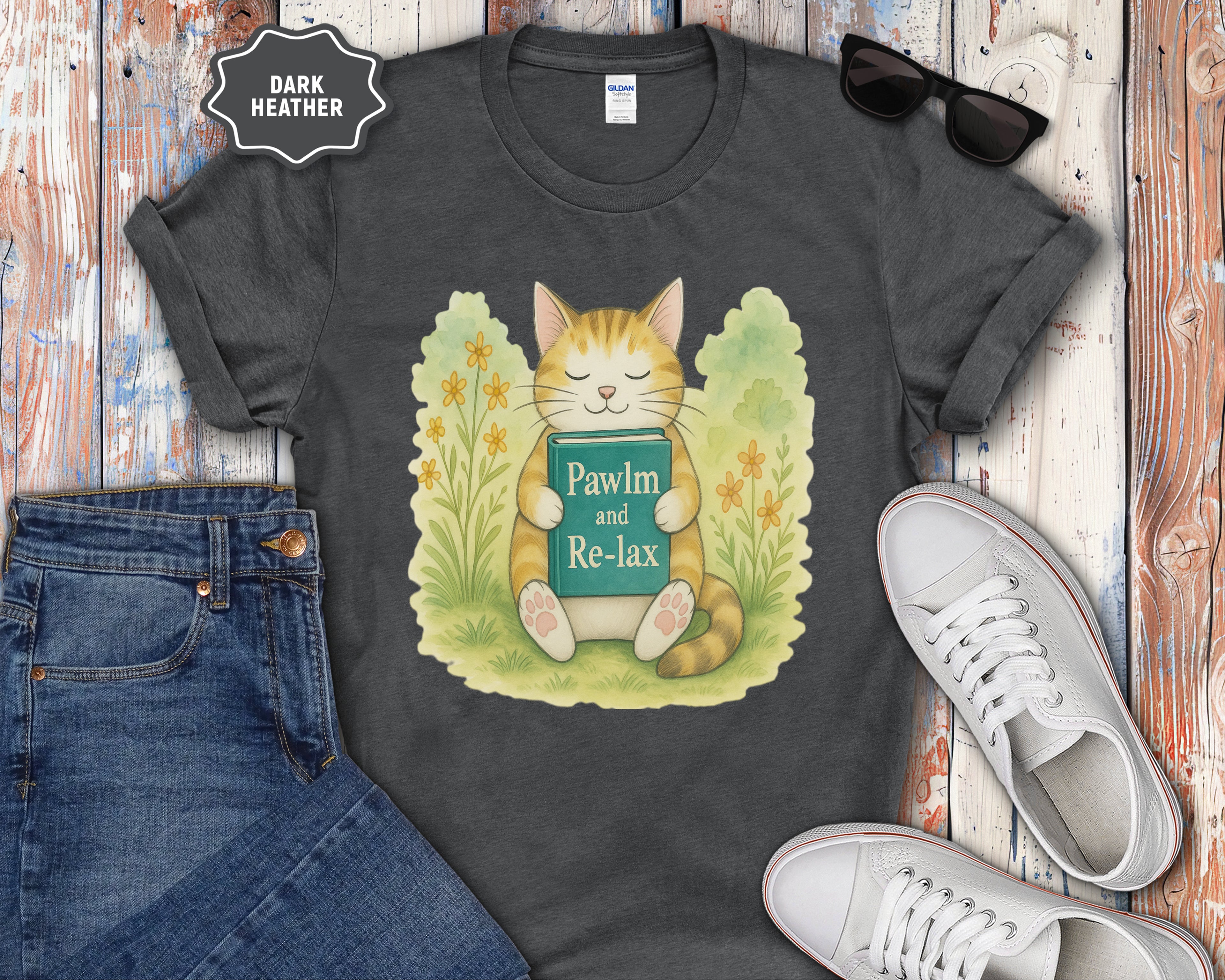 Cat Reading "Pawlm and Relax" T-Shirt