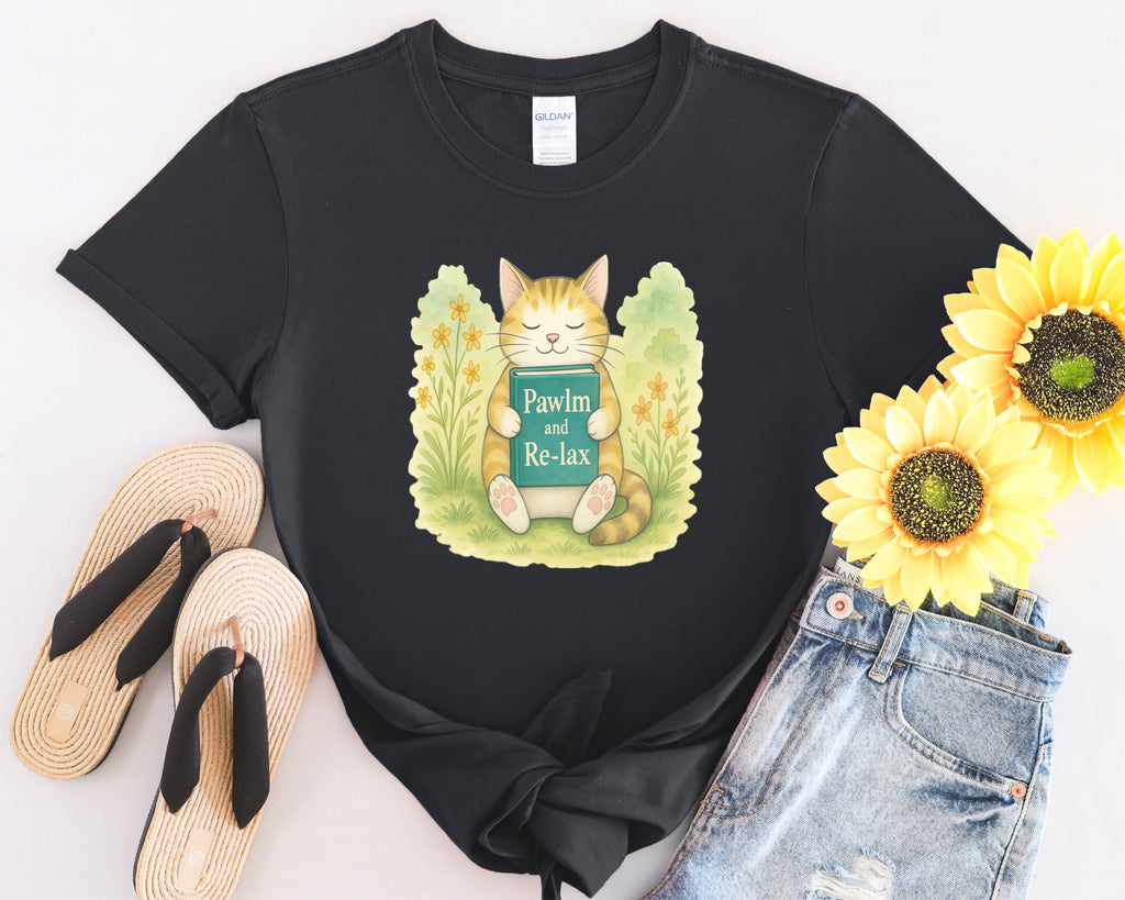 Cat Reading "Pawlm and Relax" T-Shirt