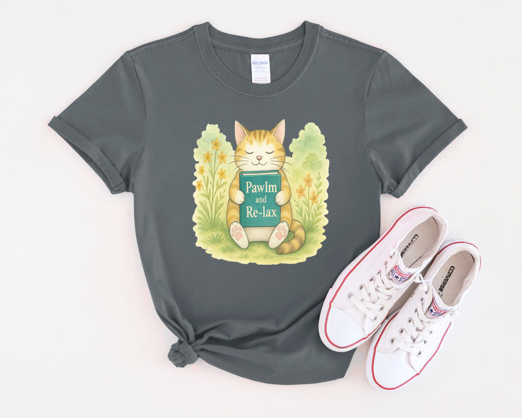Cat Reading "Pawlm and Relax" T-Shirt