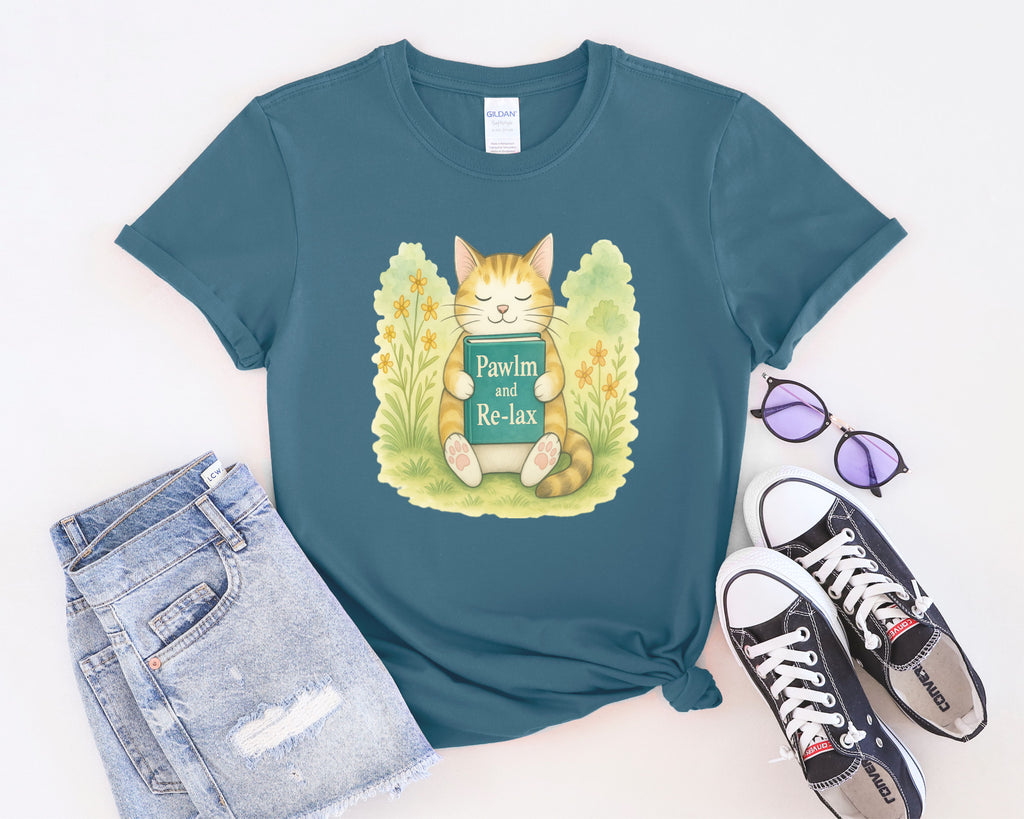 Cat Reading "Pawlm and Relax" T-Shirt