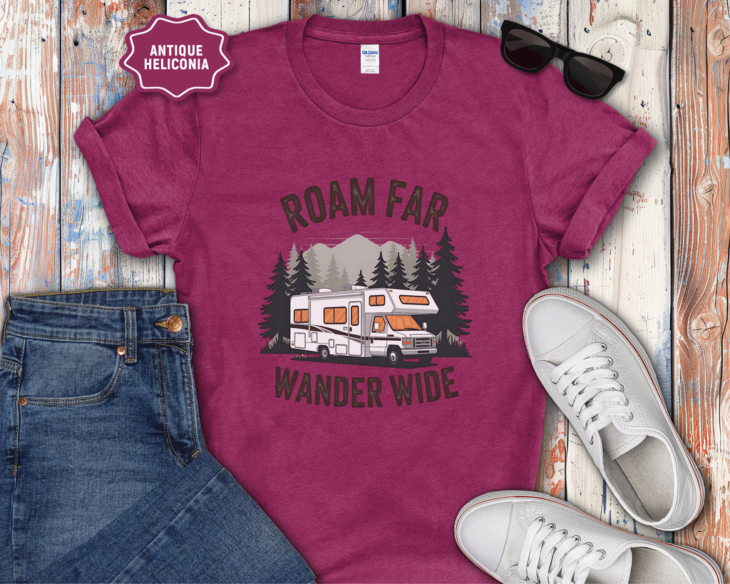Roam Far Wander Wide RV Motorhome T-Shirt