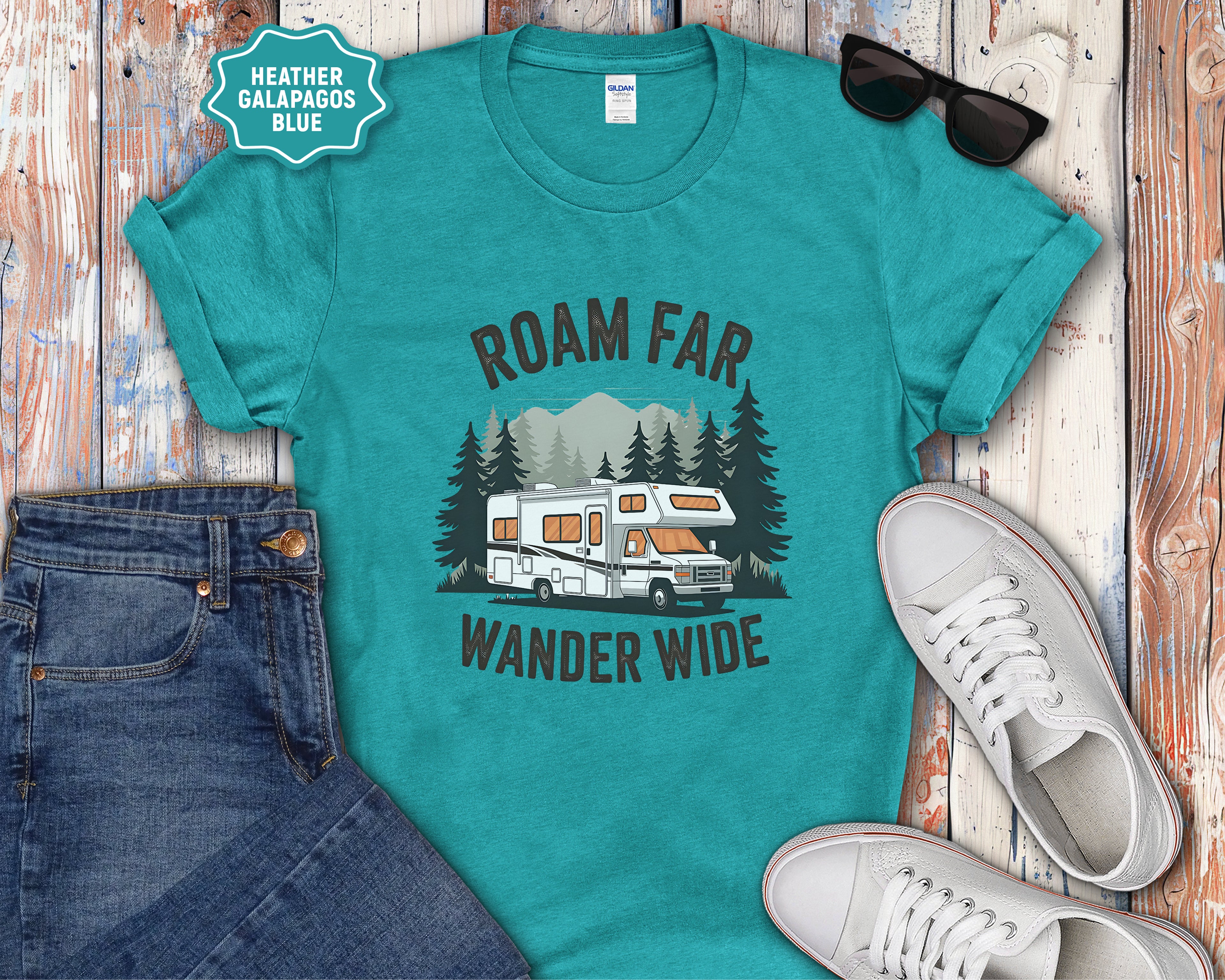 Roam Far Wander Wide RV Motorhome T-Shirt