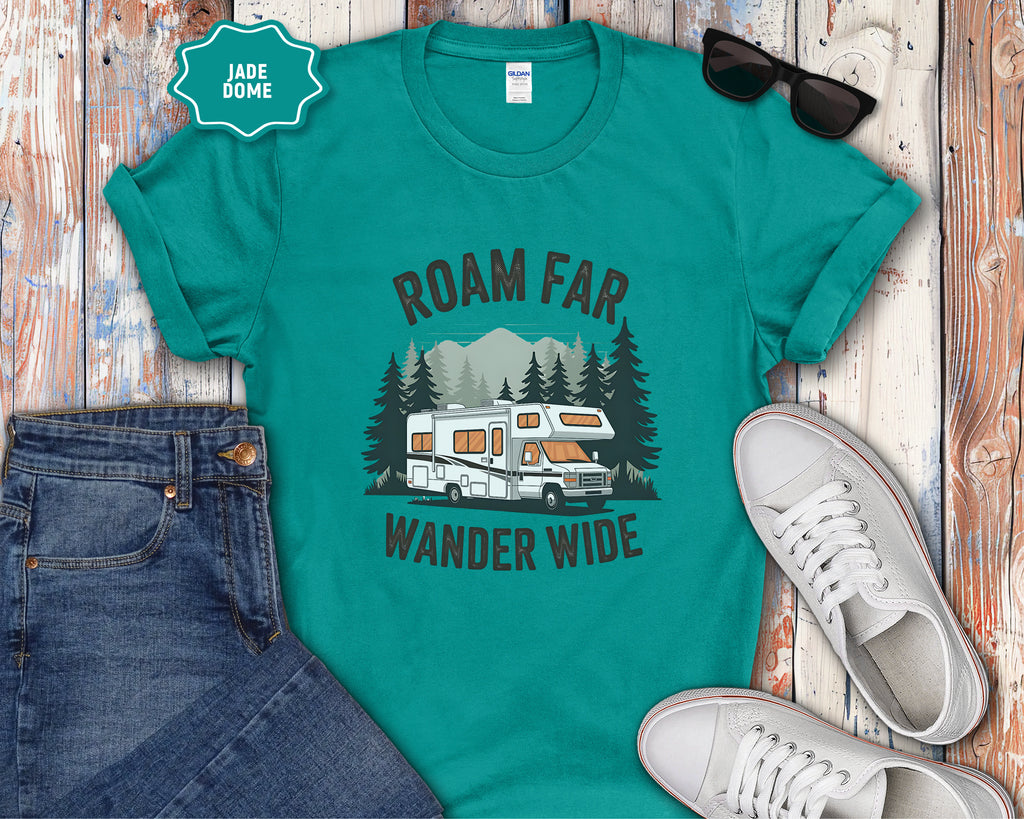 Roam Far Wander Wide RV Motorhome T-Shirt