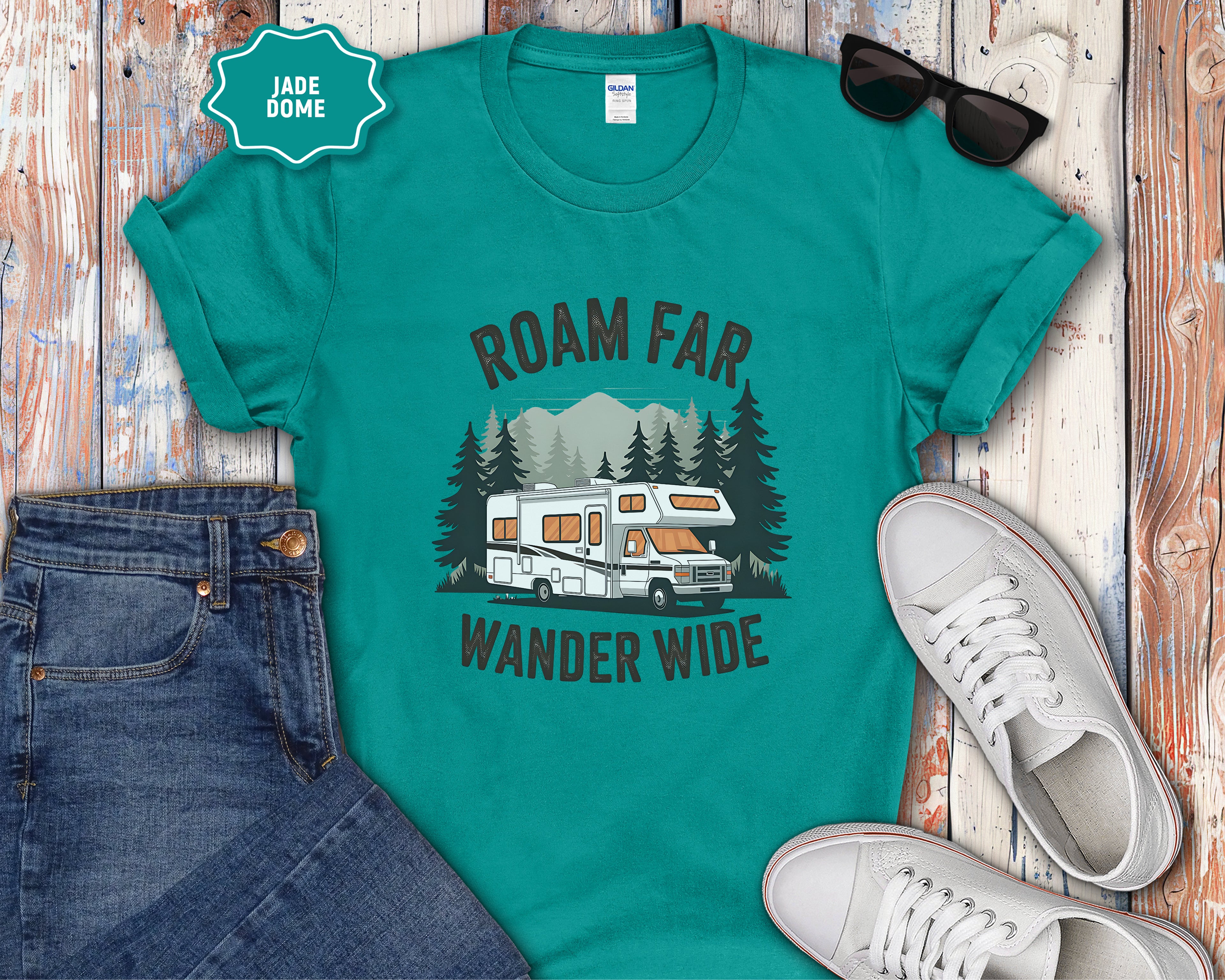 Roam Far Wander Wide RV Motorhome T-Shirt