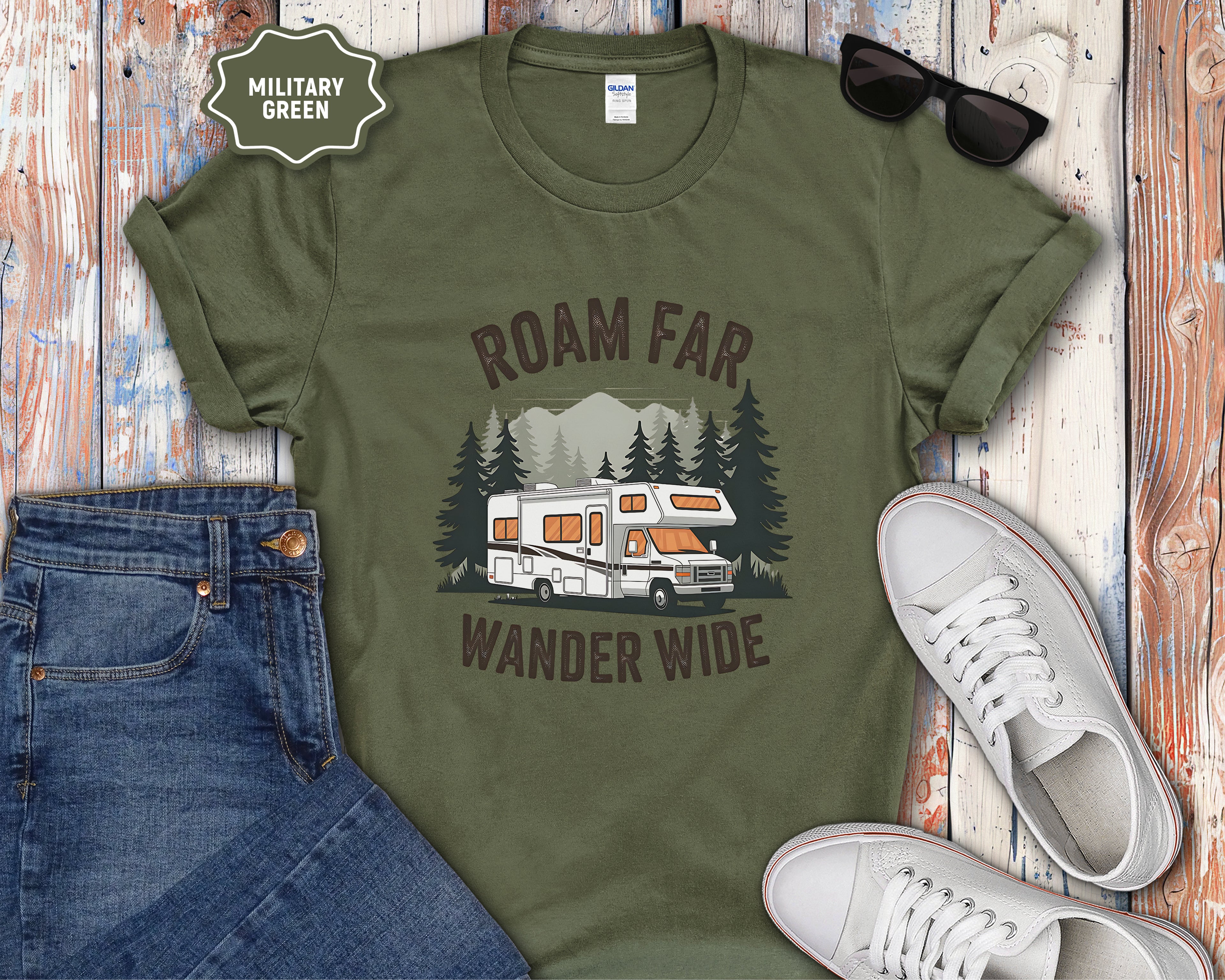Roam Far Wander Wide RV Motorhome T-Shirt