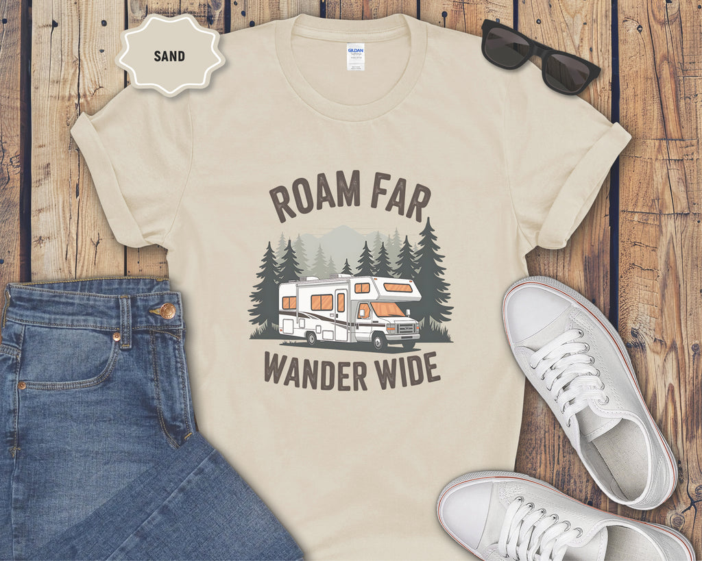 Roam Far Wander Wide RV Motorhome T-Shirt