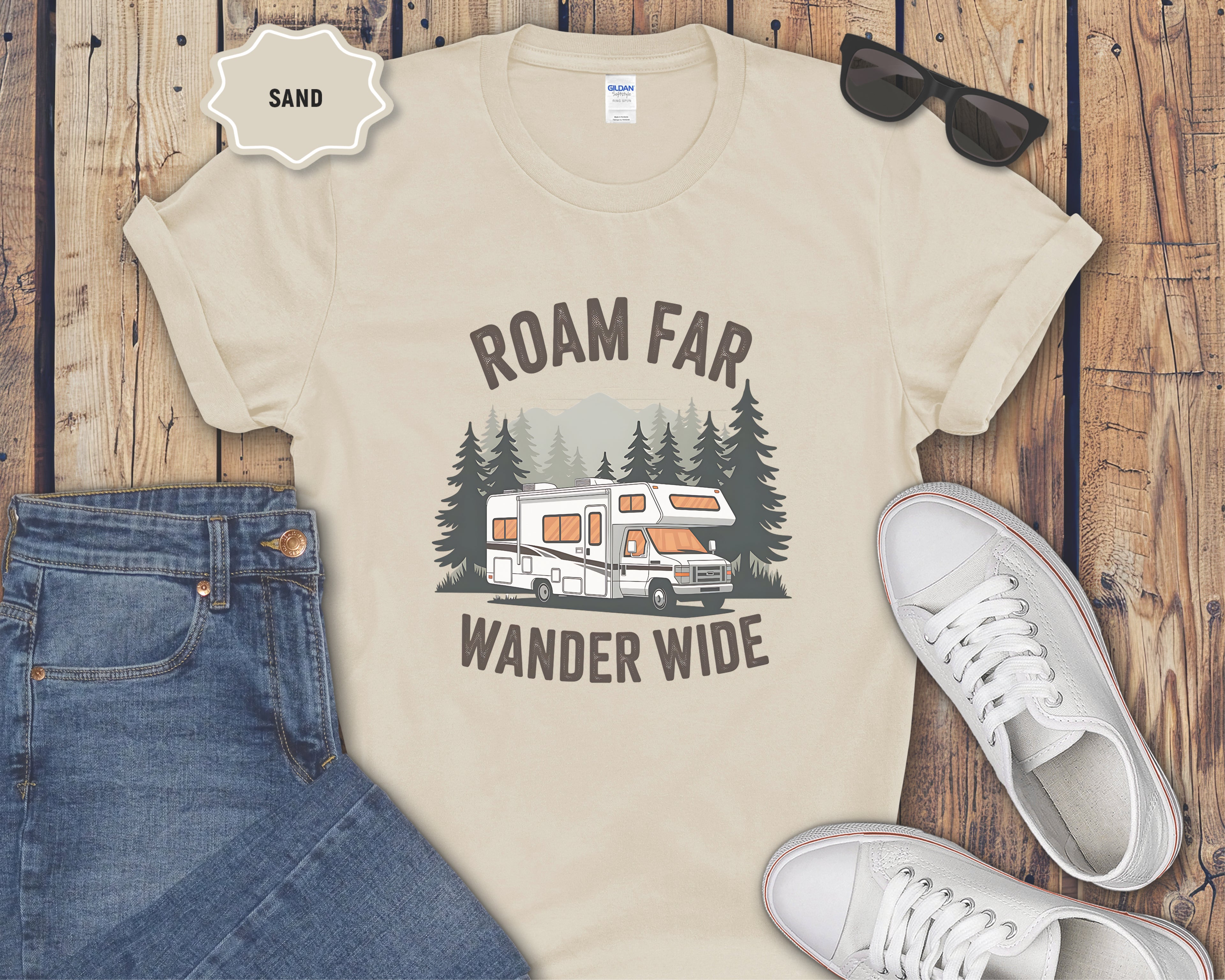 Roam Far Wander Wide RV Motorhome T-Shirt