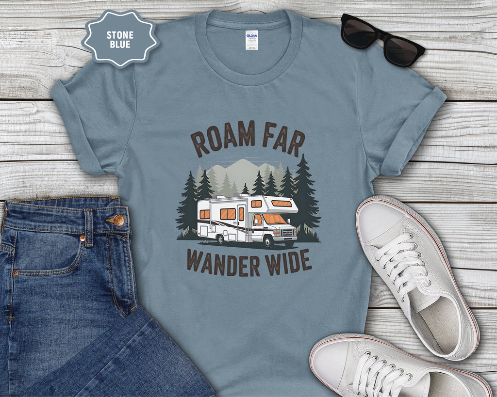 Roam Far Wander Wide RV Motorhome T-Shirt