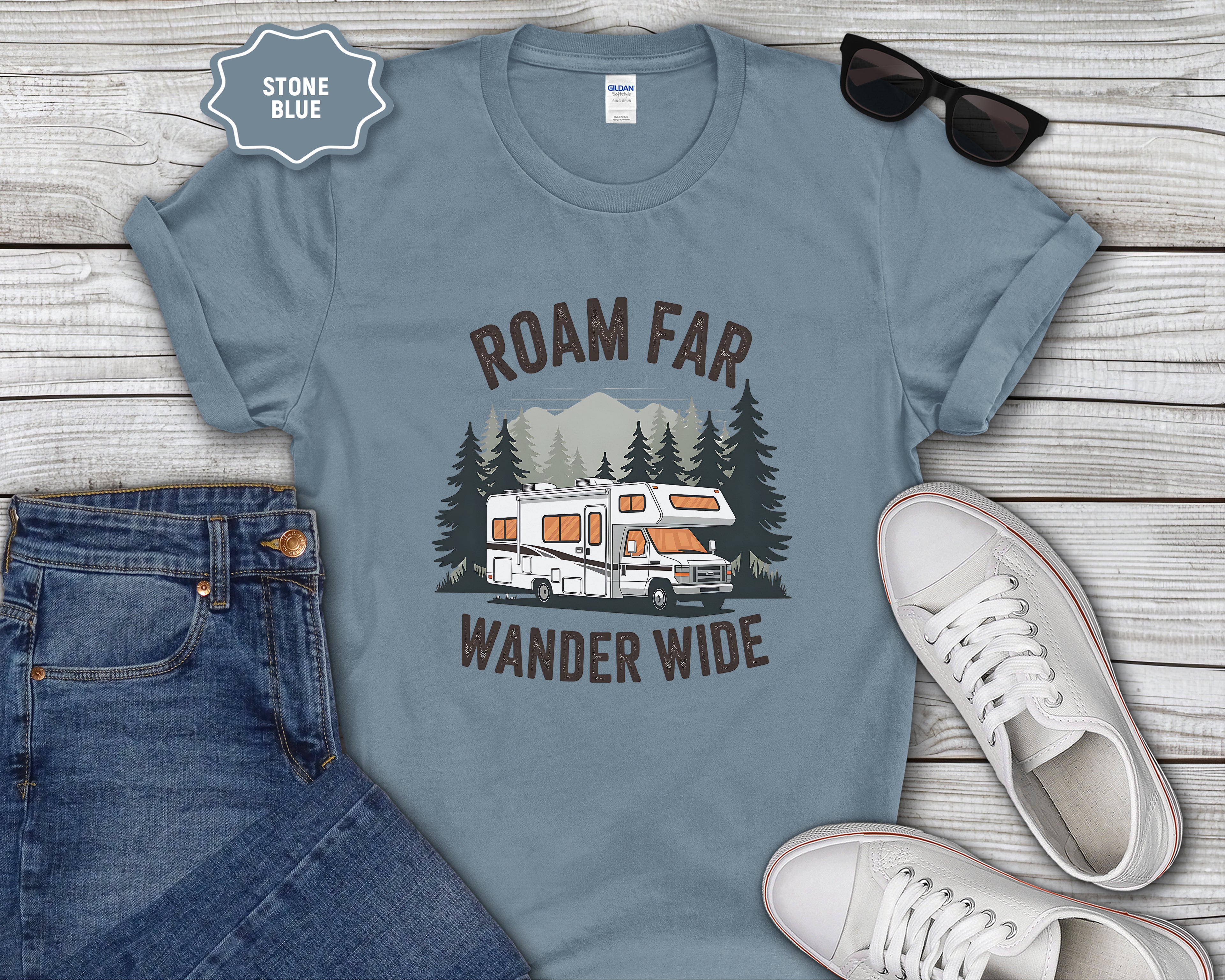 Roam Far Wander Wide RV Motorhome T-Shirt