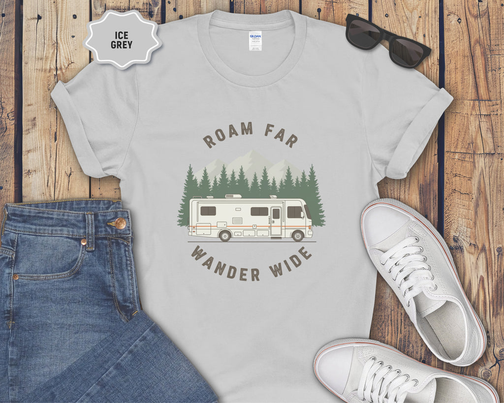 Roam Far Wander Wide Class A RV Motorhome T-Shirt